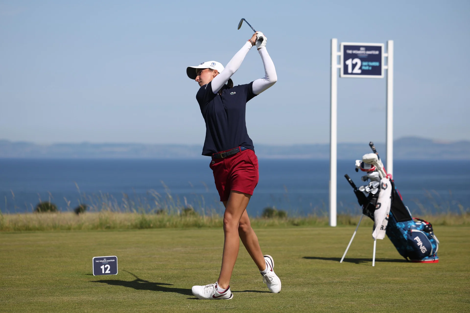 Valentine Delon of France tees off during Day Four of the 2026 Women's Amateur Championship at Muirfield.