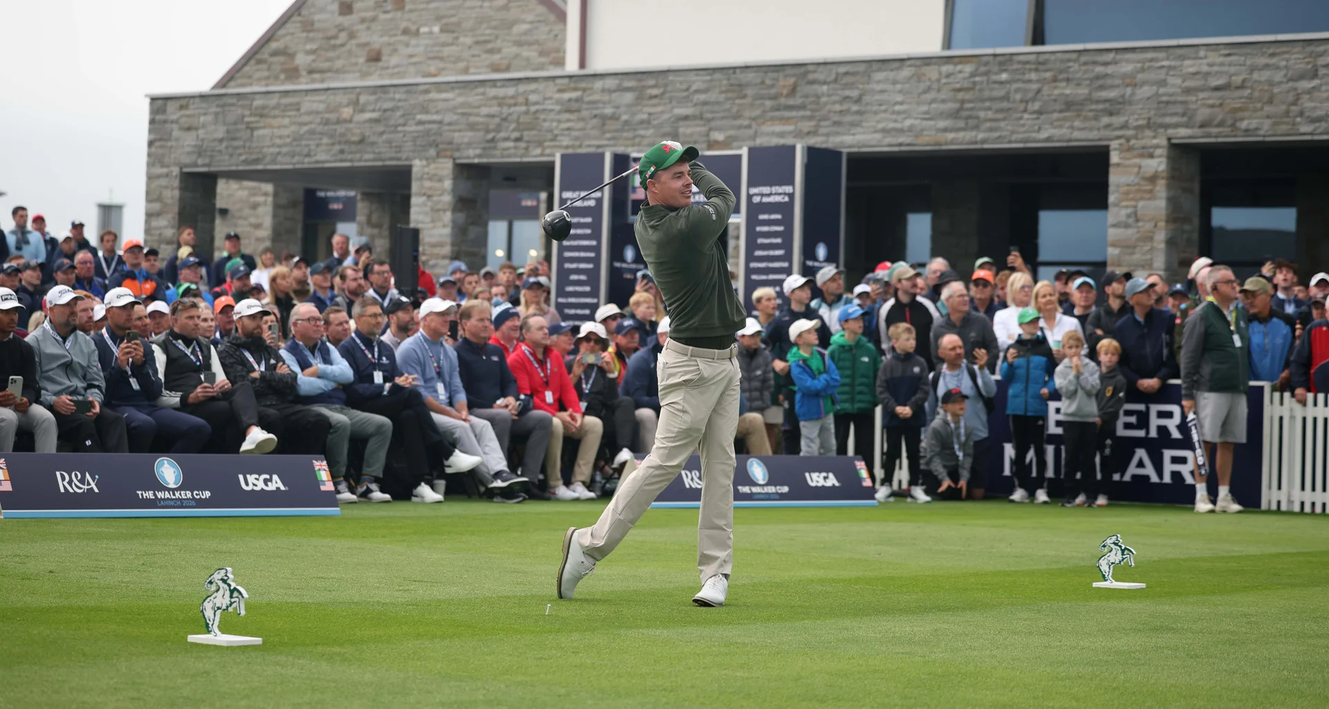 Stuart Grehan of Great Britain & Ireland tees off on the 1st hole during the Saturday Foursomes on Day One of the Walker Cup at Lahinch.