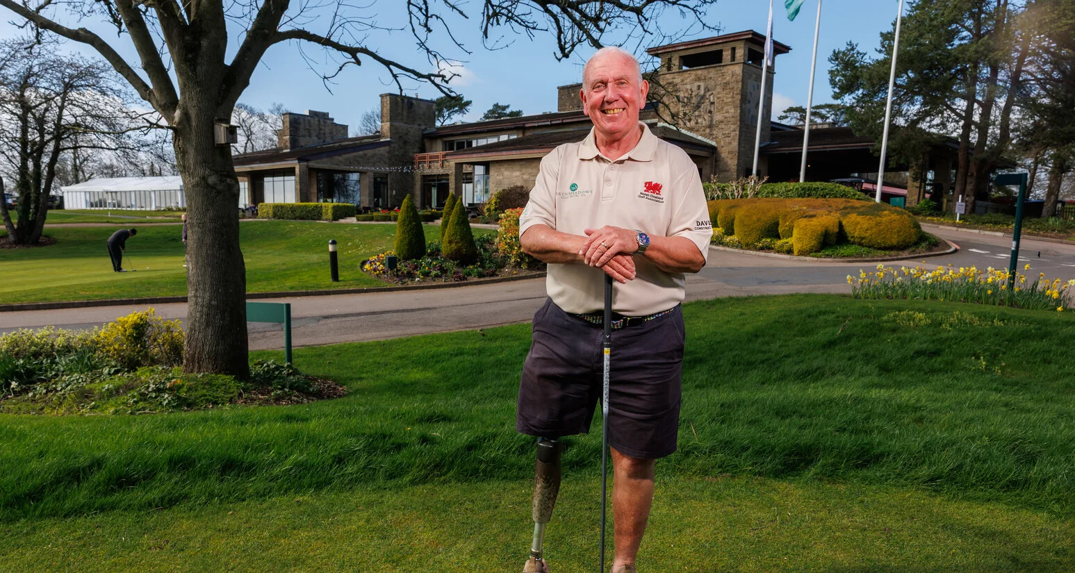 Richie Willis, a competitor in The G4D Open 2026, stands in front of the Celtic Manor Resort clubhouse.
