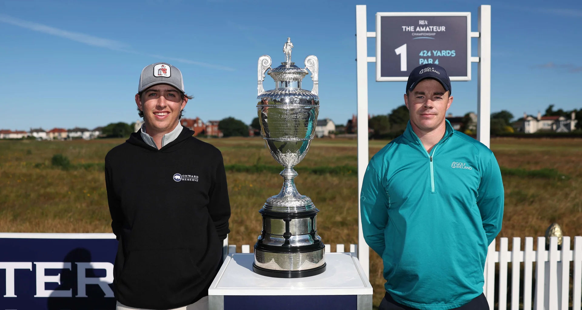 Matt Moloney and Stuart Grehan with the Amateur Championship trophy ahead of the final at Royal Liverpool.