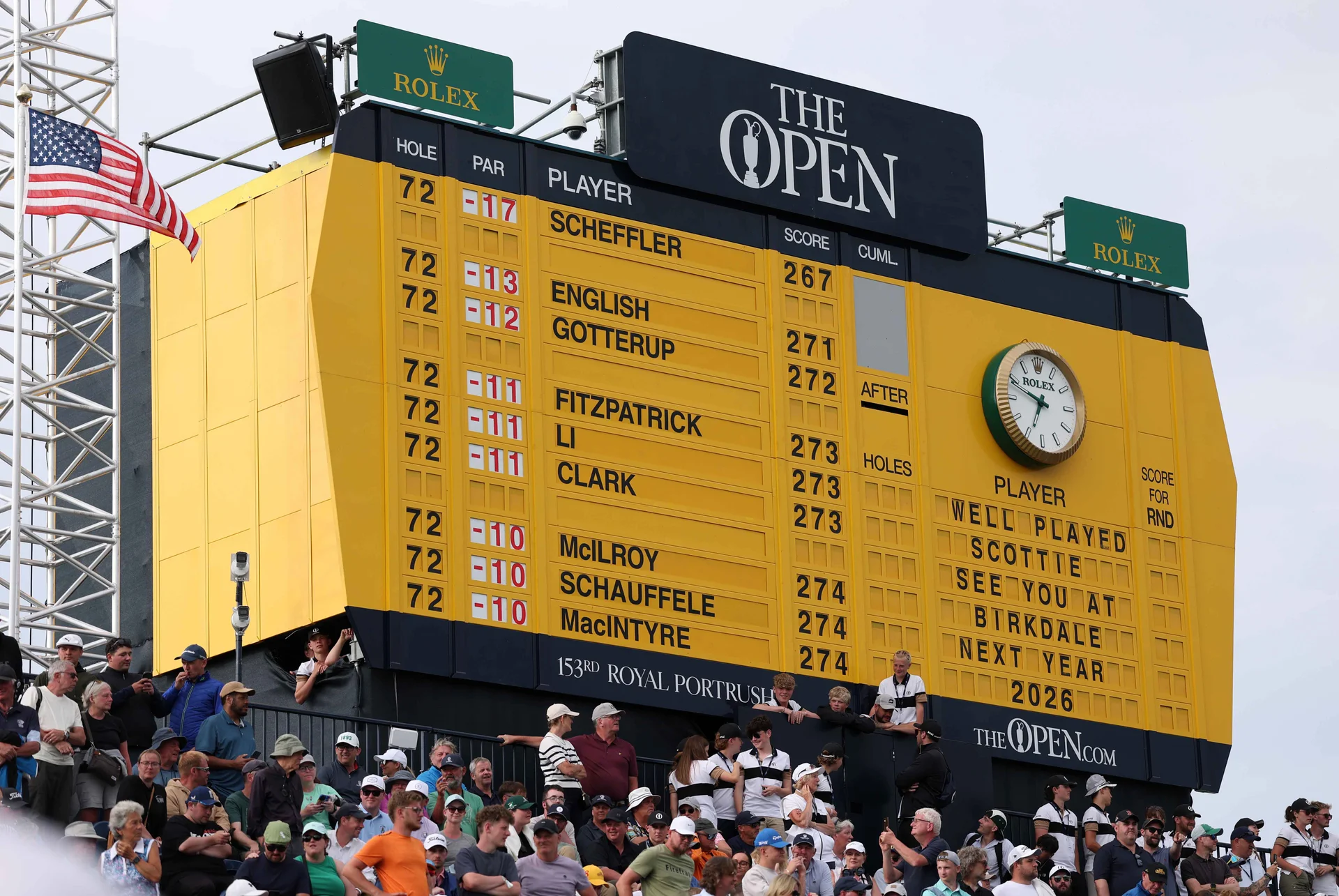 The final scoreboard is pictured on the 18th green grandstand showing the 17 under par score of Champion Golfer of the Year 2025, Scottie Scheffler of the United States during day four of The 153rd Open Championship at Royal Portrush Golf Club.