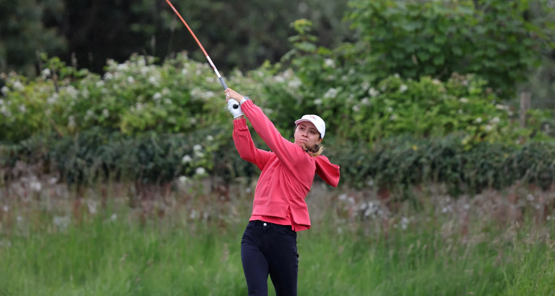 Anna Davis of USA tees off during Day one of the 2026 Women's Amateur Championship at Muirfield.
