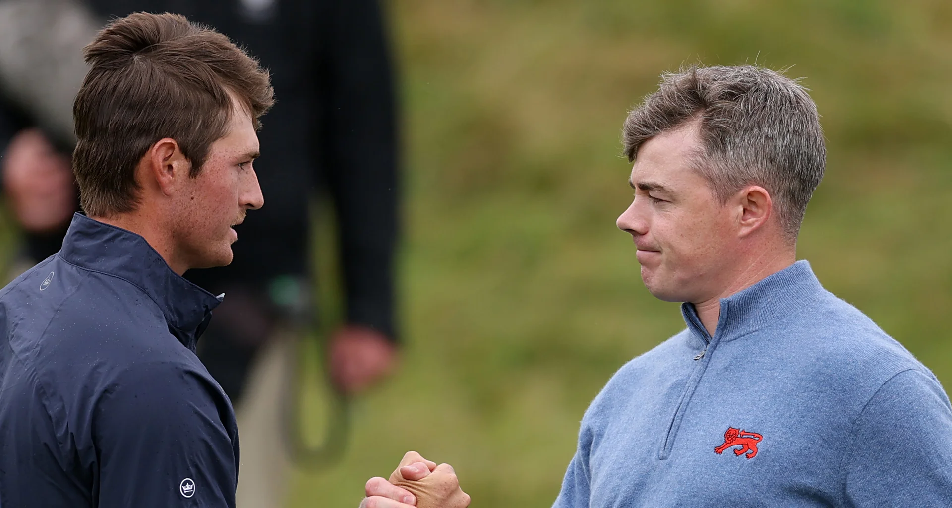 Preston Stout and Stuart Grehan in action during day two of the 2026 Walker Cup at Lahinch.