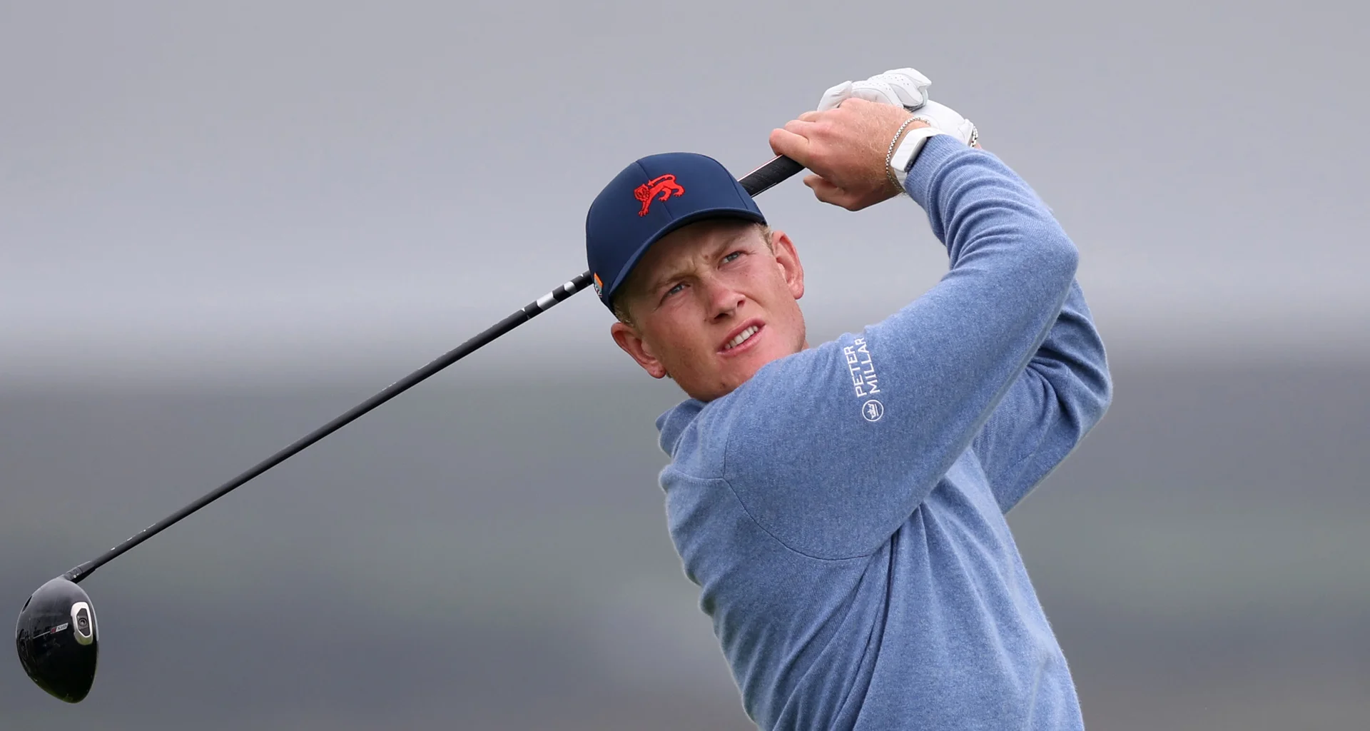 Luke Poulter of Great Britain & Ireland tees off during the Sunday Singles on Day Two of the Walker Cup at Lahinch.