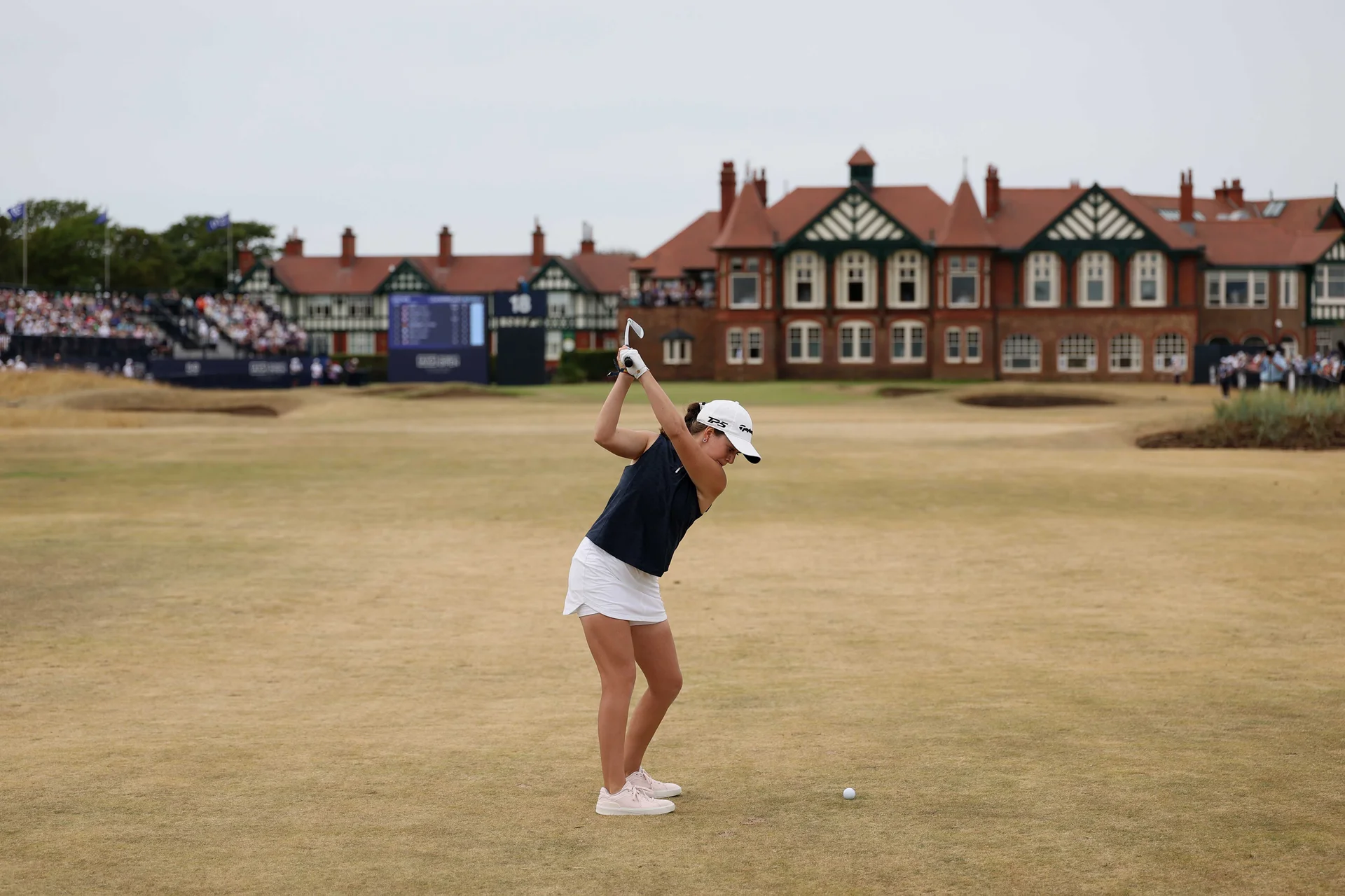 Amateur, Paula Martin Sampedro of Spain plays her second shot on the 18th hole during the Final Round of the AIG Women's Open 2026 at Royal Lytham & St. Annes.