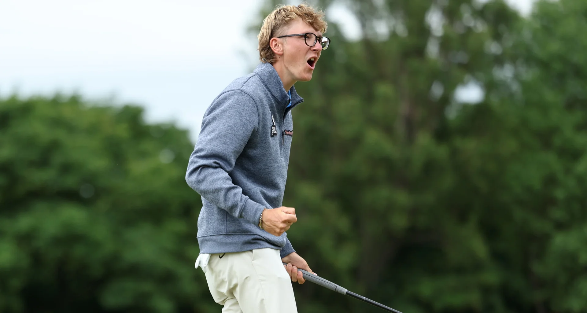 Richard Teder celebrates winning his match at The 131st Amateur Championship.