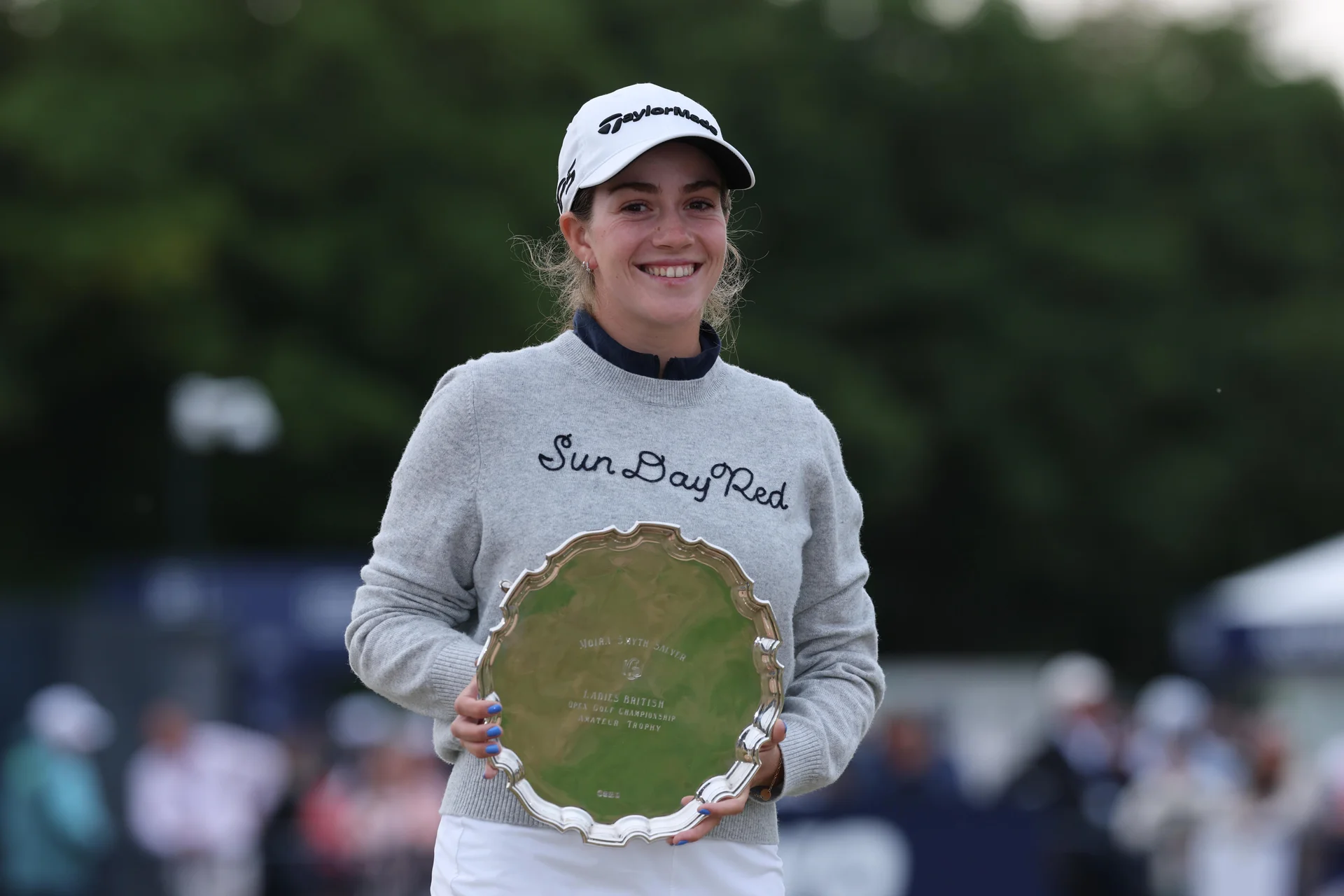 Paula Martin Sampedro of Spain poses with the leading amateur trophy after the final round of the AIG Women's Open 2026 at Royal Lytham & St. Annes.