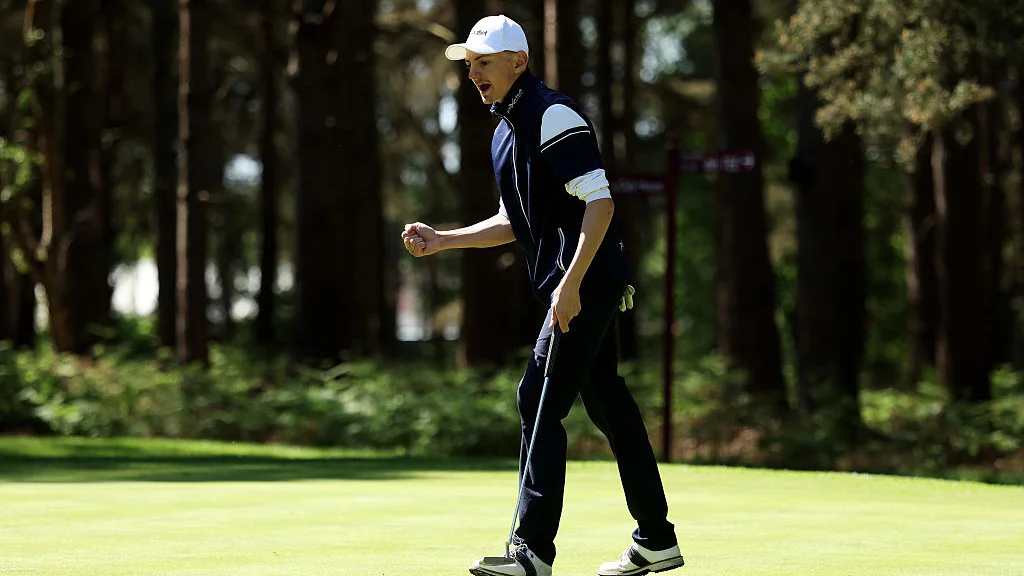 Frederik Brokfelt-Christiansen celebrates his birdie putt on the third green during day two of The G4D Open. 16 May 2025.