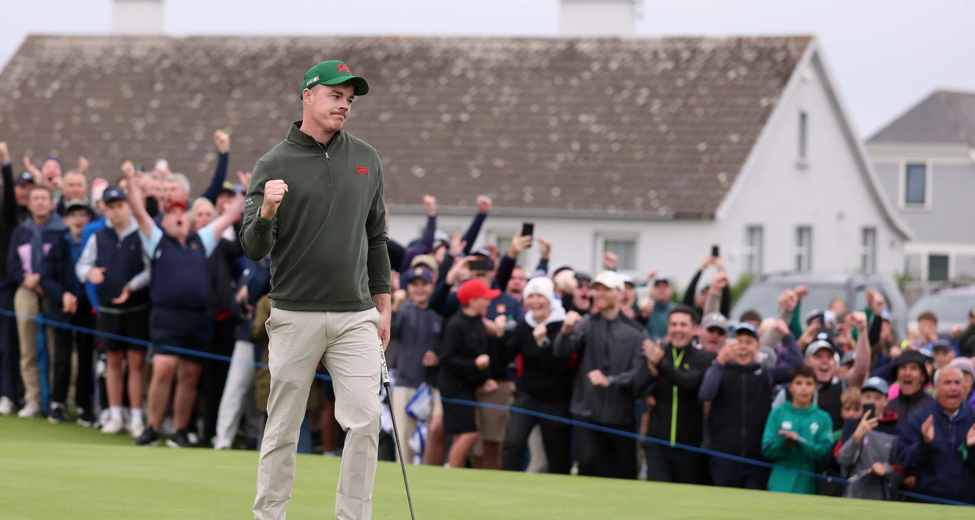Stuart Grehan celebrates in front of a joyous crowd after winning his match at the 51st Walker Cup.