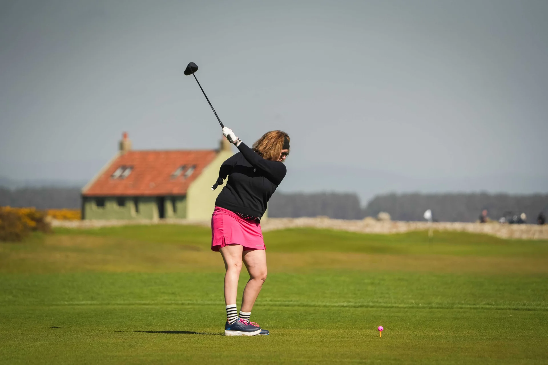 Lucy Leatham plays a tee shot at the Eden Course in St Andrews.