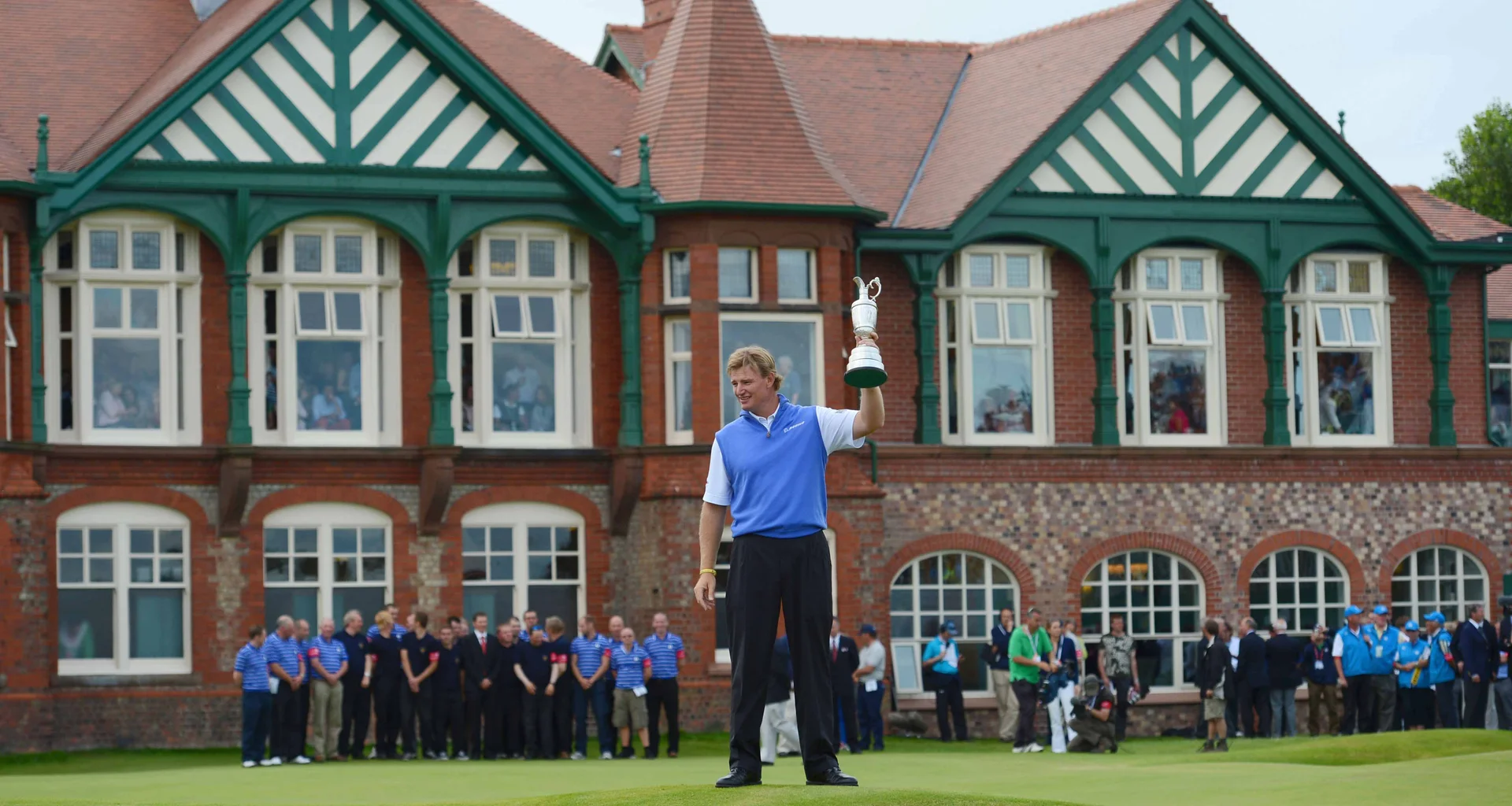 Ernie Els of South Africa poses with the Claret Jug after winning the 141st Open Championship at Royal Lytham & St. Annes Golf Club.