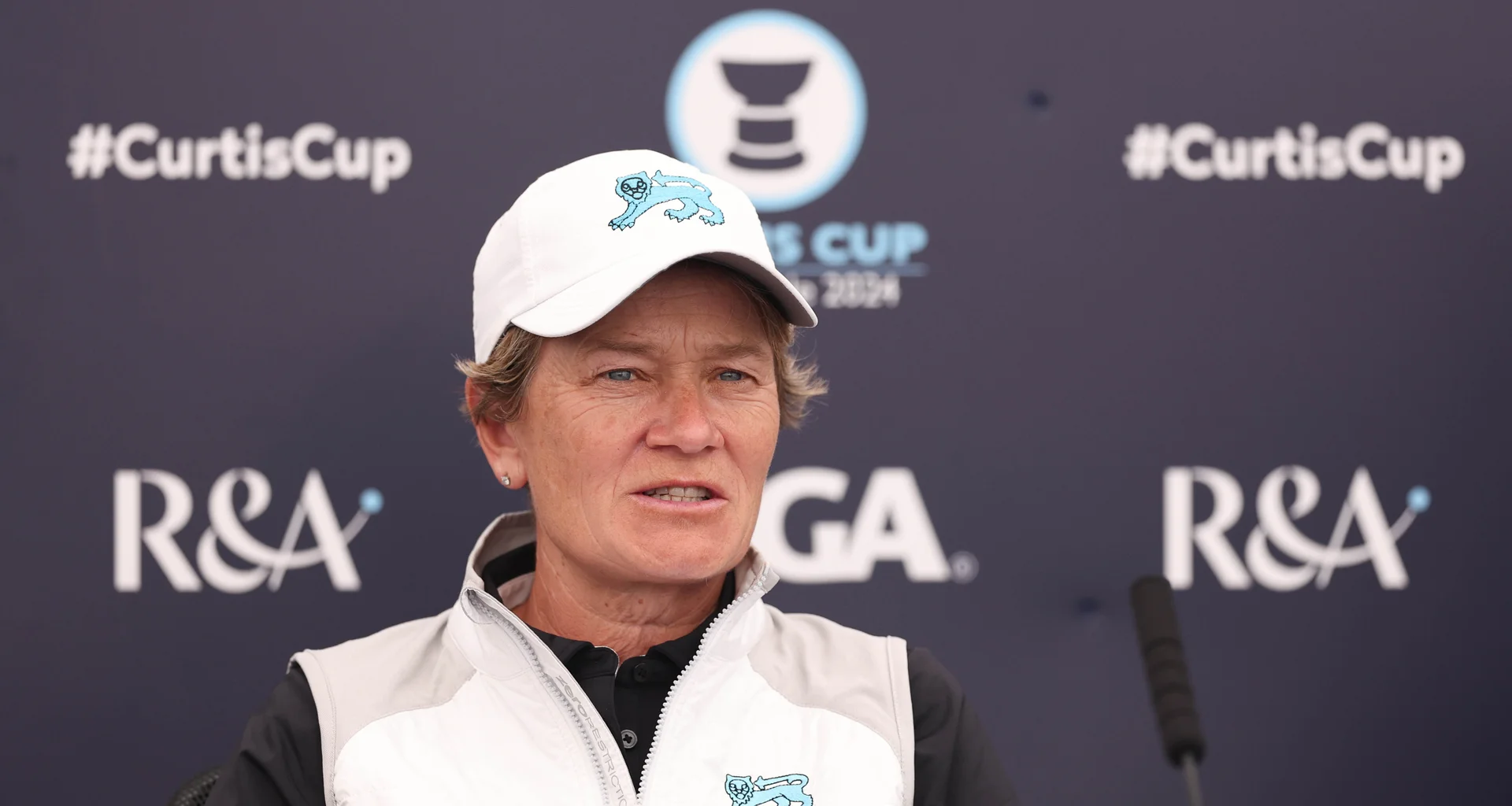 Catriona Matthew, Team Captain of Team GB&I during a press conference prior to The Curtis Cup.