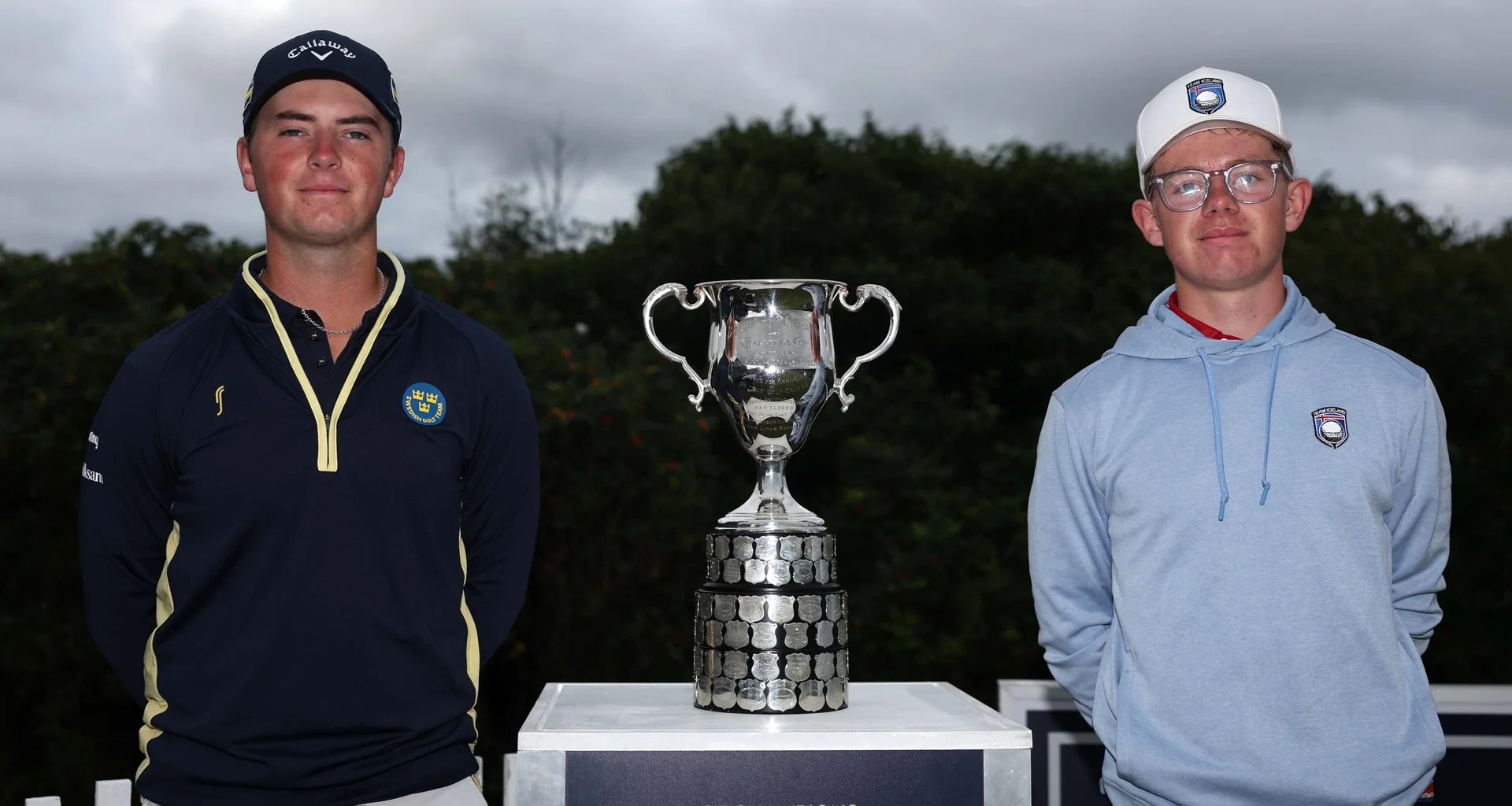 Ludwig Libera and Oliver Eli Bjornsson pose with the Boys' Amateur Championship trophy ahead of the 36-hole final.
