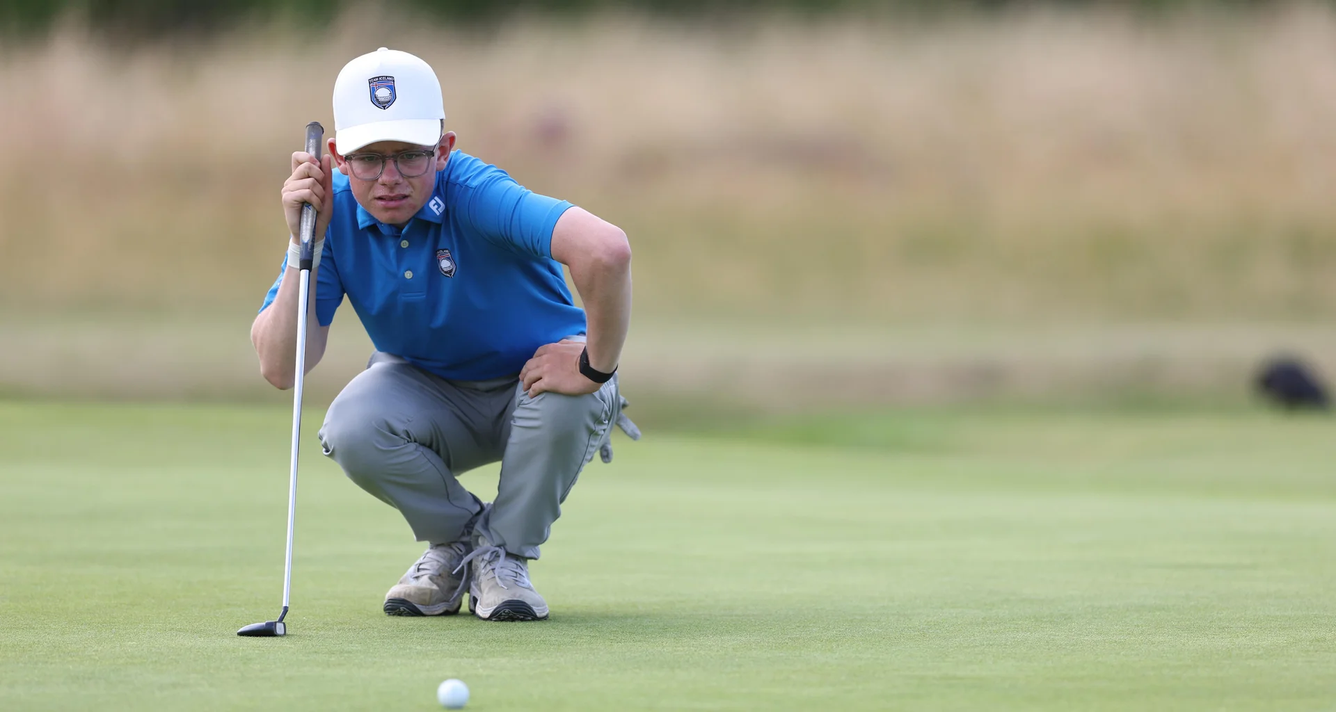 Óliver Elí Björnsson eyes up a putt at Gailes Links during the Boys’ Amateur Championship semi-final.
