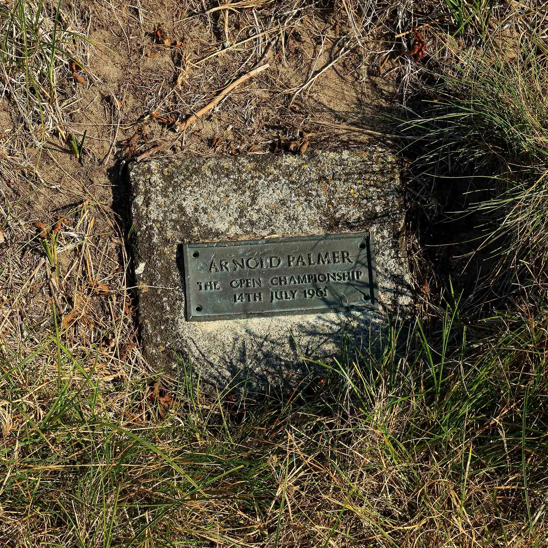 The stone at the point beside the fairway on the par 4, 16th hole where Arnold Palmer of the USA hit a memorable shot on his way to winning the 1961 Open Championship at Royal Birkdale Golf Club.