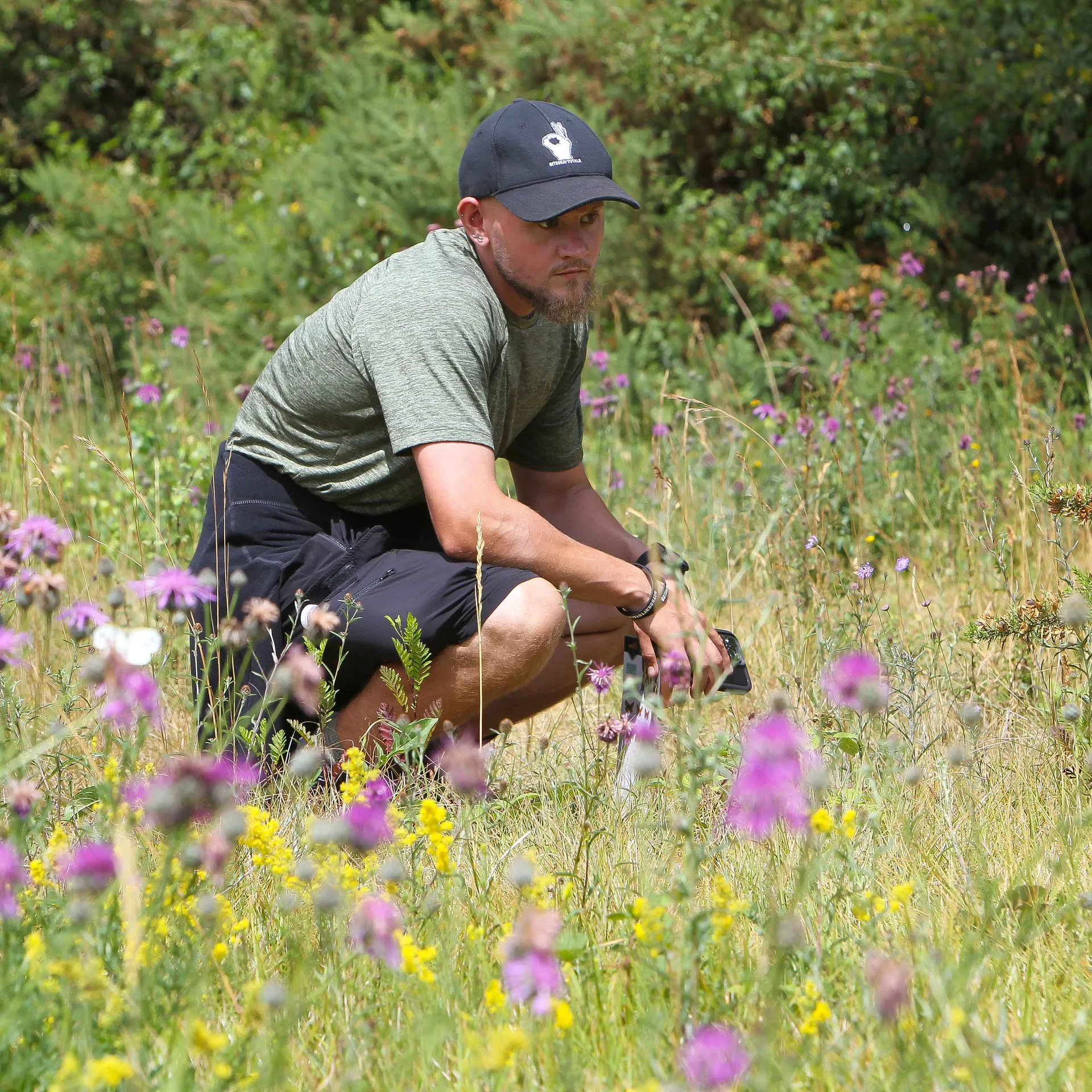 A man, wearing shorts and a t-shirt, crouching down in an area of wildflowers.