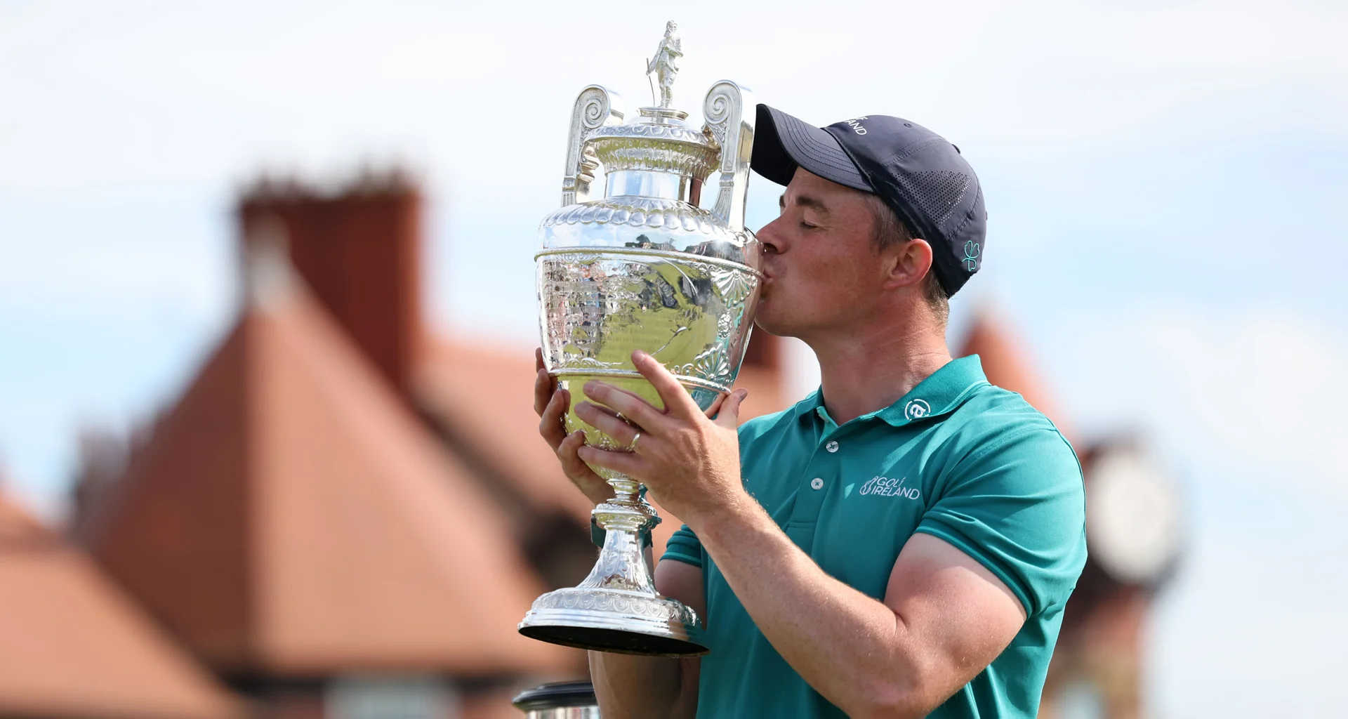 Stuart Grehan celebrates with the Amateur Championship trophy after winning The 131st Amateur Championship at Royal Liverpool.