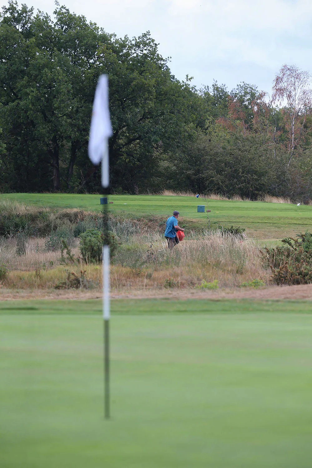 A golf pin flag and green in the foreground with a man walking in the rough in the distance.