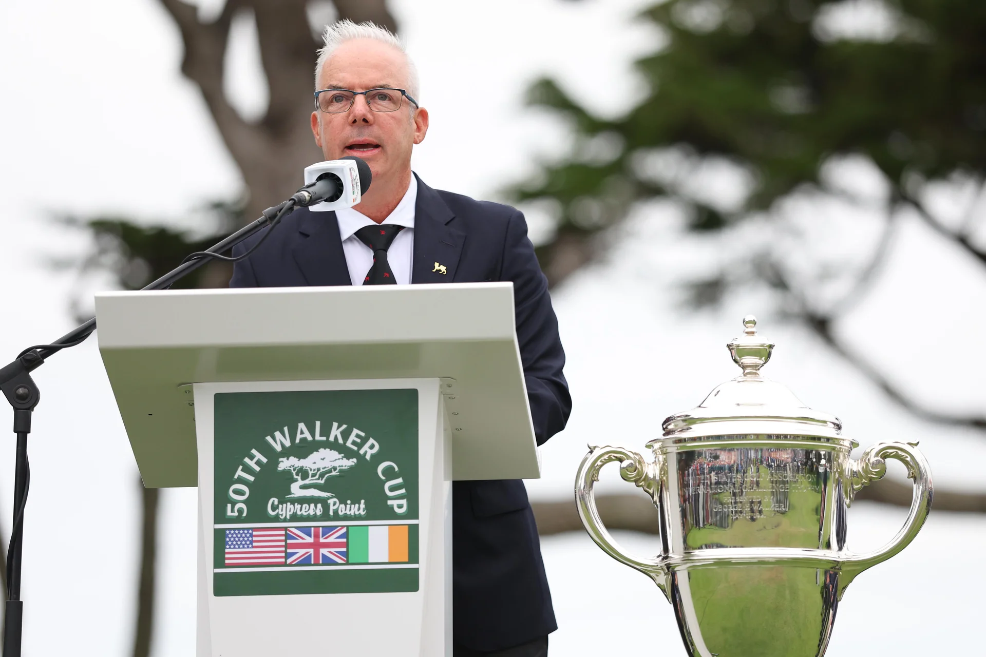 Captain Dean Robertson of Team Great Britain and Ireland speaks to the crowd during the closing ceremony during Day Two of The 50th Walker Cup at Cypress Point Club.