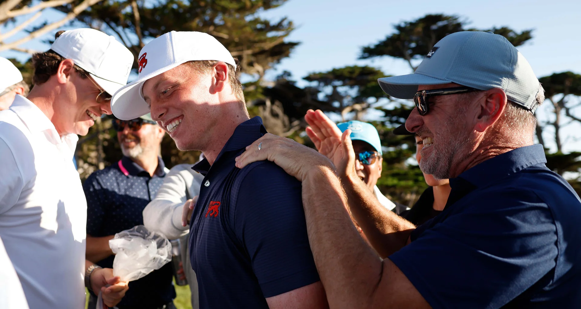 Niall Shiels Donegan celebrates his victory during day one of the 2025 Walker Cup at Cypress Point.