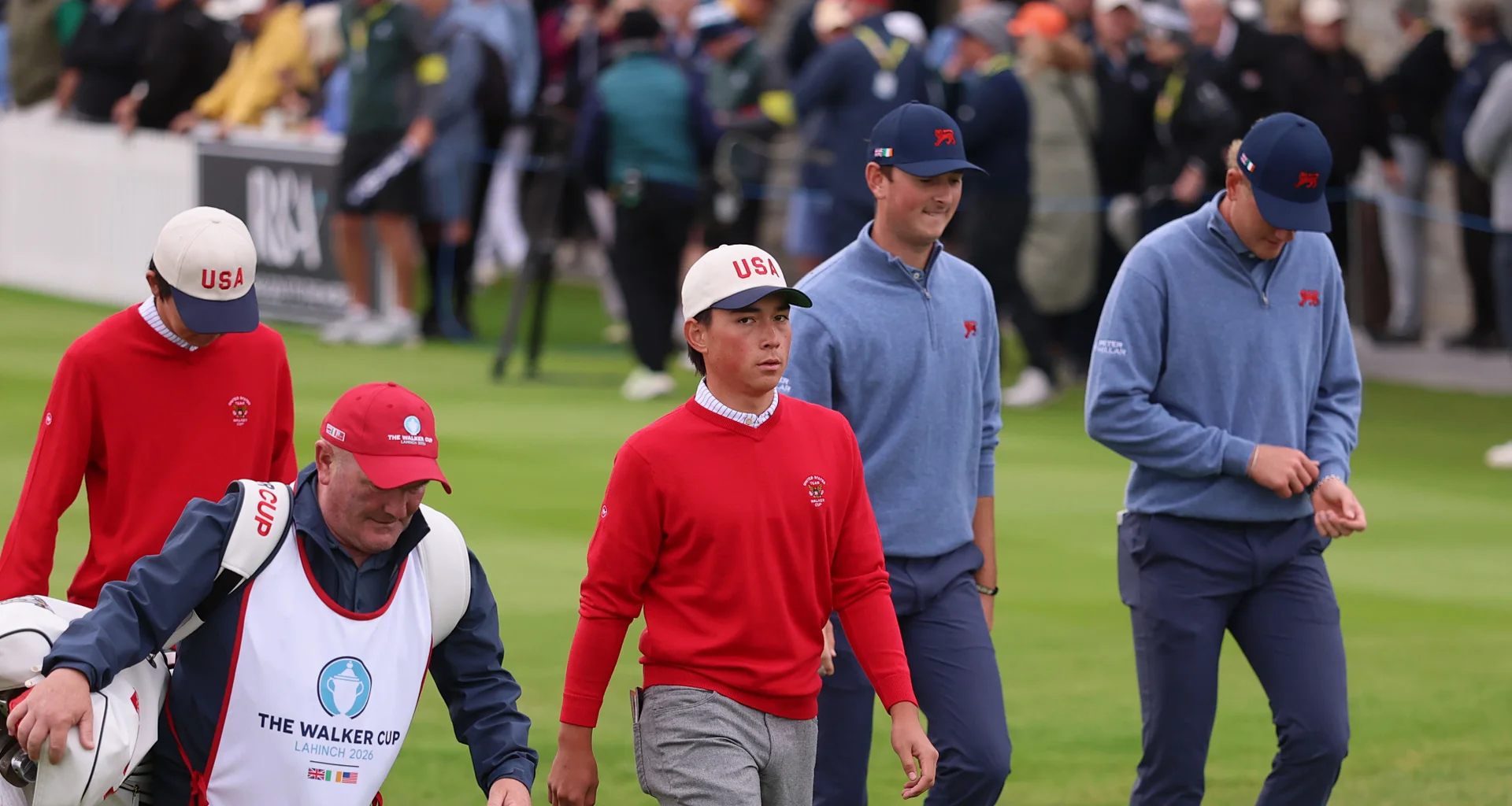 Kihei Akina of Team USA walks on the first hole during the foursomes matches on day two of the Walker Cup at Lahinch.