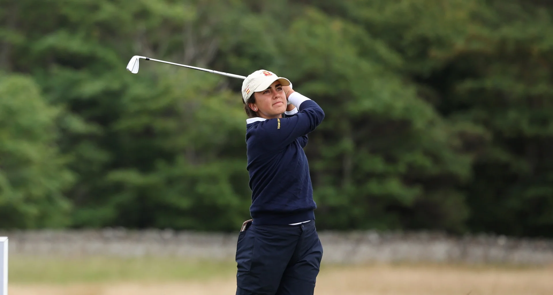 Andrea Revuelta tees off during the Quarter Finals of the 2026 Women's Amateur Championship at Muirfield.