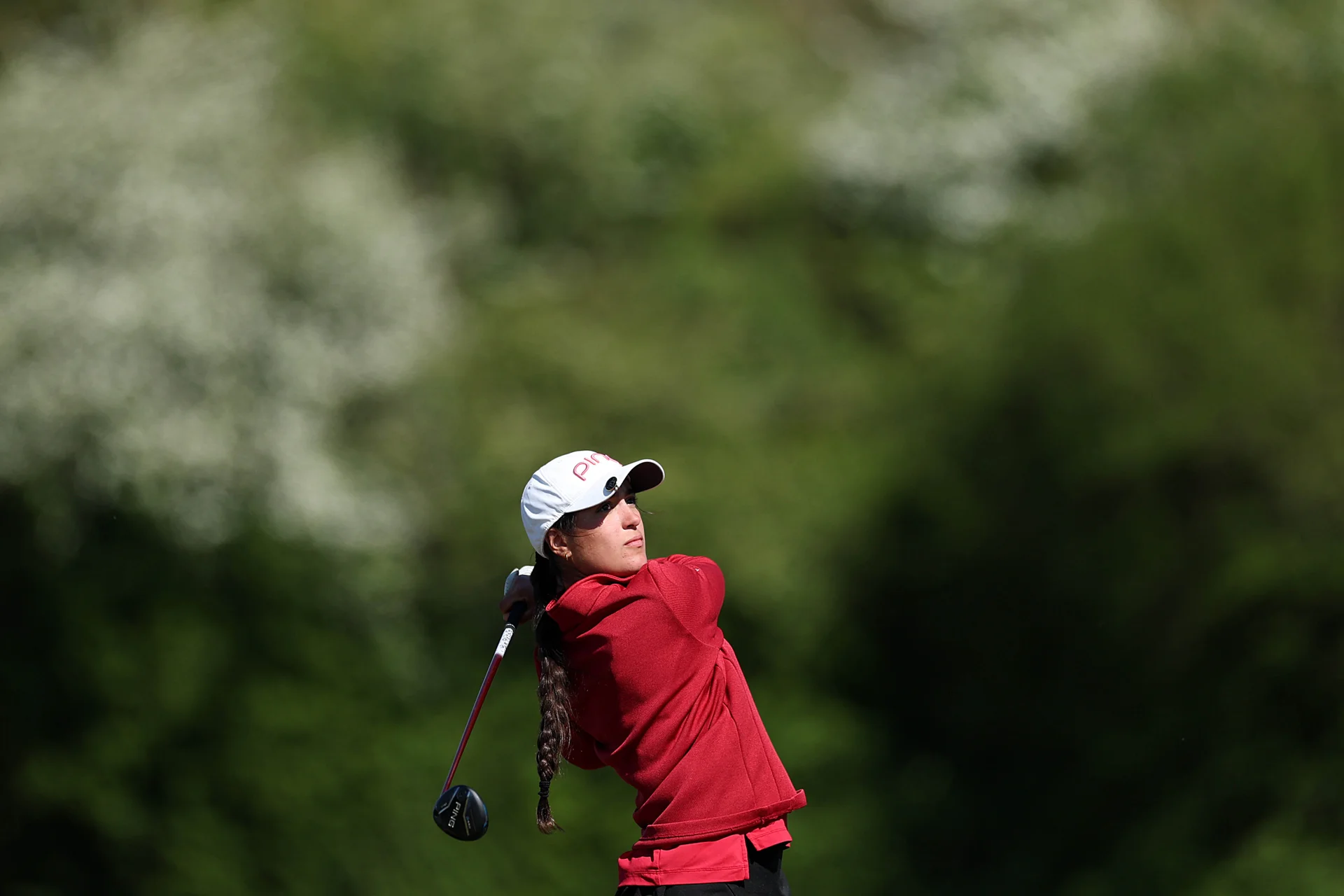 Rebecca Del Sol-Gonzalez of Pennard plays her second shot on the 16th hole during Day One of the R&A Girls U16 Amateur Championship at Gog Magog Golf Club