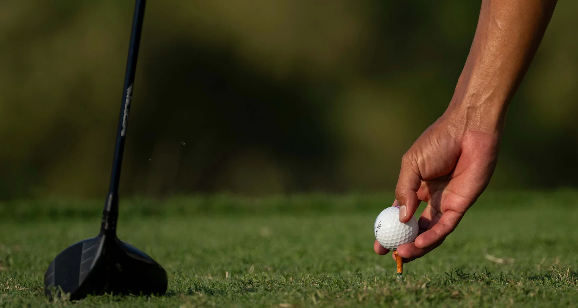 A golfer places a ball and tee into the ground.