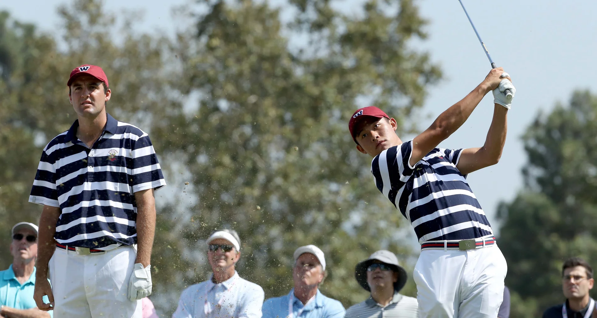 Scottie Scheffler and Collin Morikawa in action at The Walker Cup in 2017.