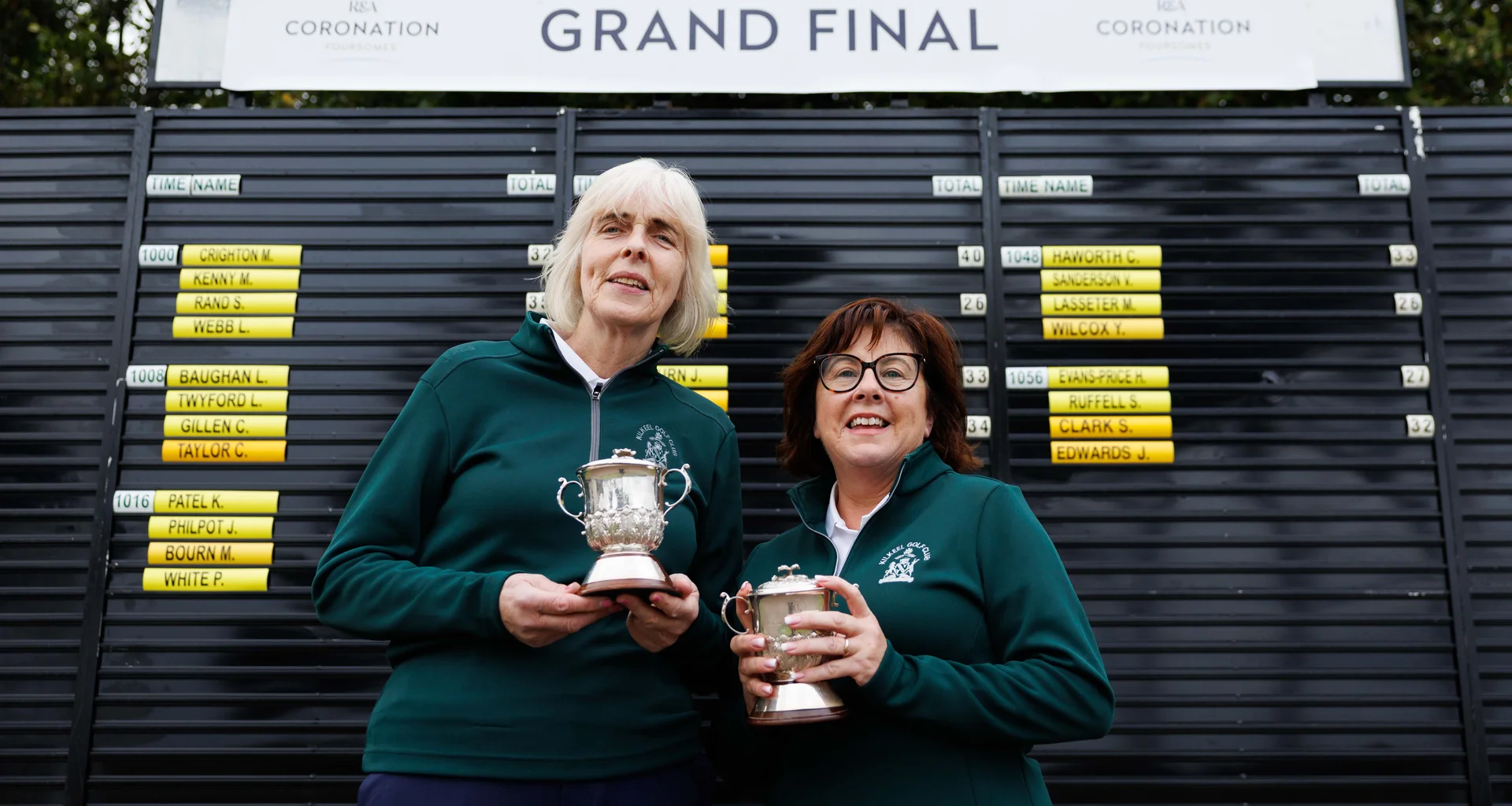 Marie Walls and Michelle Hughes celebrate their success in the 2025 Coronation Foursomes Grand Final in St Andrews.
