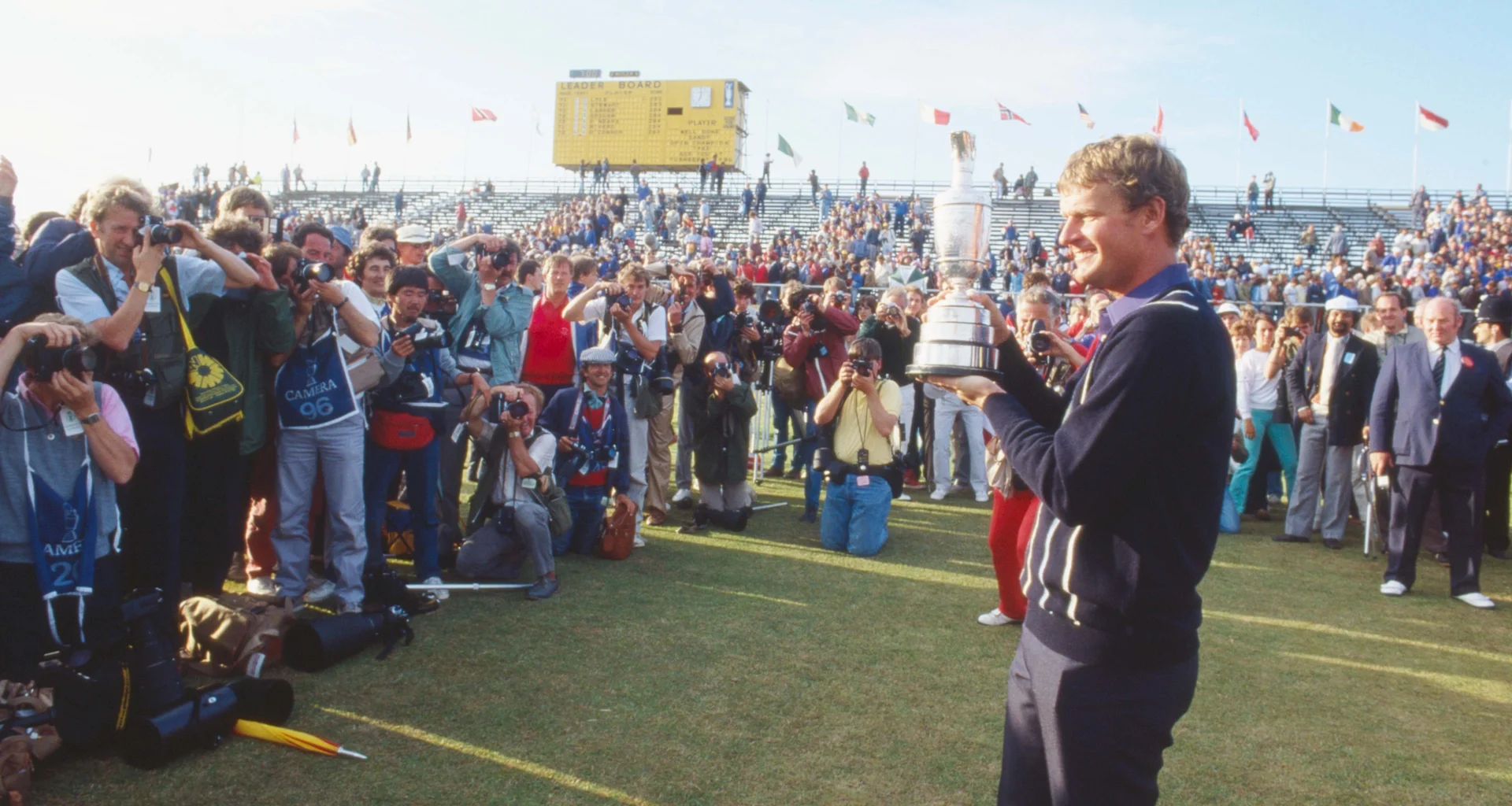 Sandy Lyle celebrates with the Claret Jug after winning The Open in 1985.