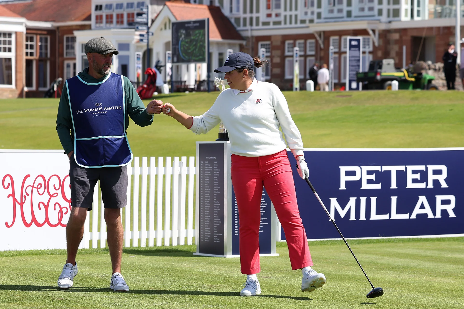 Farah O'Keefe of USA reacts with her caddie during Day Four of the 2026 Women's Amateur Championship at Muirfield.