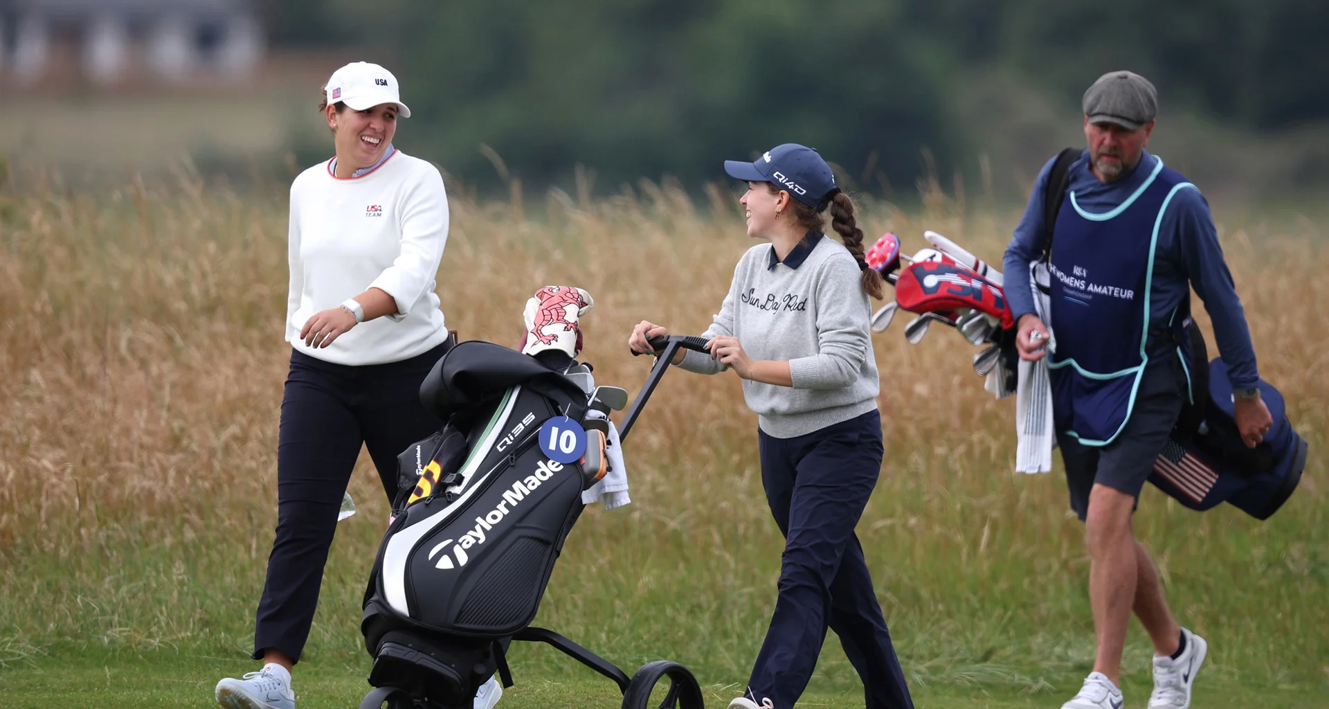 Paula Martin Sampedro of Spain talks to Farah O'Keefe of USA during Day one of the 2026 Women's Amateur Championship.