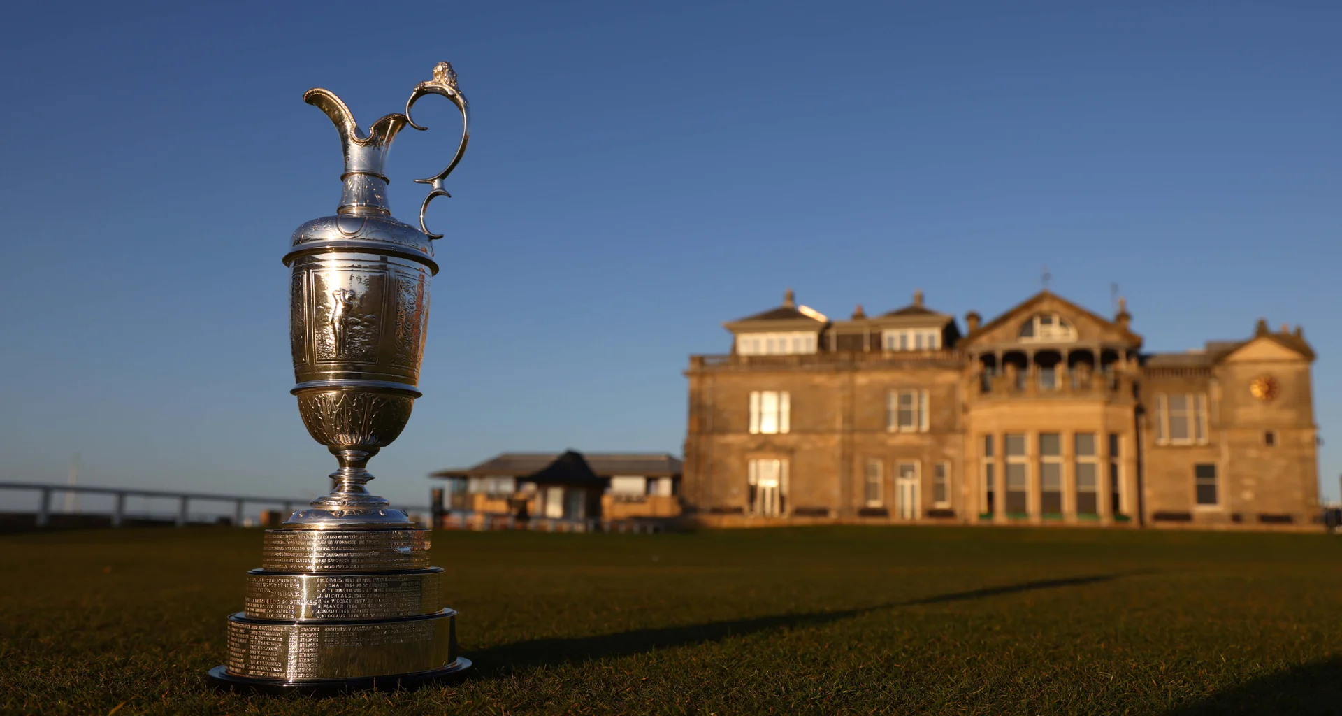The Claret Jug on display on the Old Course in St Andrews.