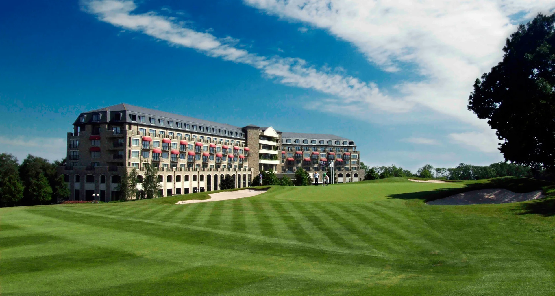 A general view of the Celtic Manor Resort Hotel with the 18th green infront.