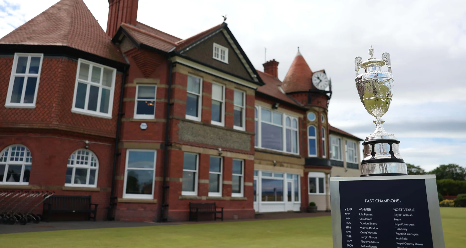 The Amateur Championship trophy on display in front of the clubhouse at Royal Liverpool golf club.