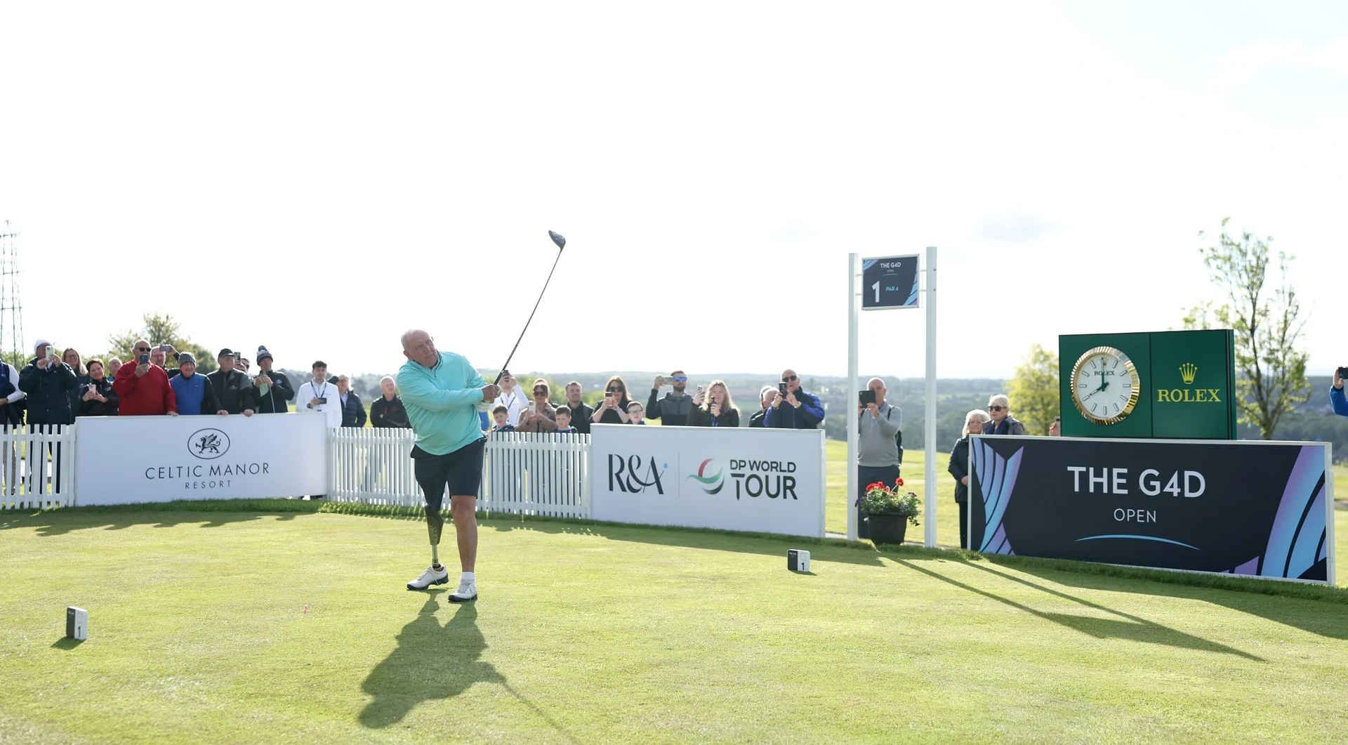 Richie Willis of Wales hits the opening tee shot of the 2026 G4D Open at Celtic Manor Resort.