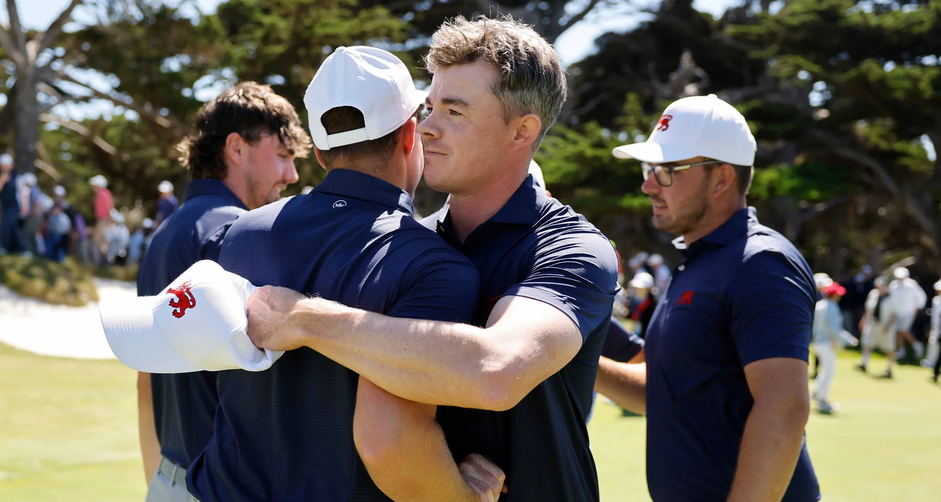 GB&I players shake hands during day one of the 2025 Walker Cup at Cypress Point.