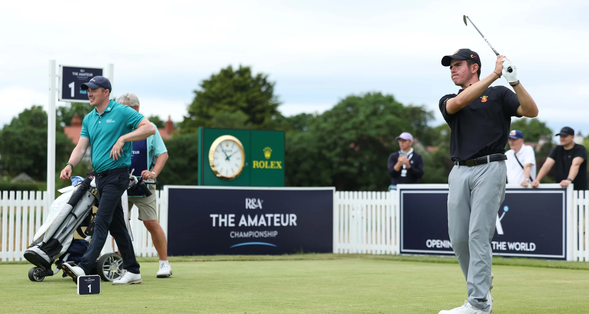 Sergio Jimenez Romero and Stuart Grehan on the tee at Royal Liverpool for The 131st Amateur Championship.