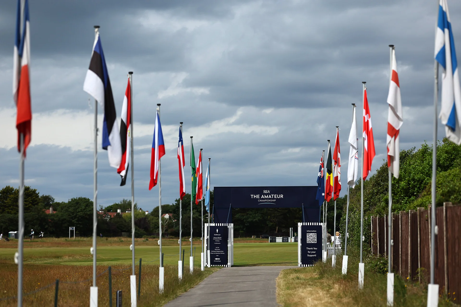 General View of flags during Day Two of the 2026 Amateur Championship at Royal Liverpool Golf Club.