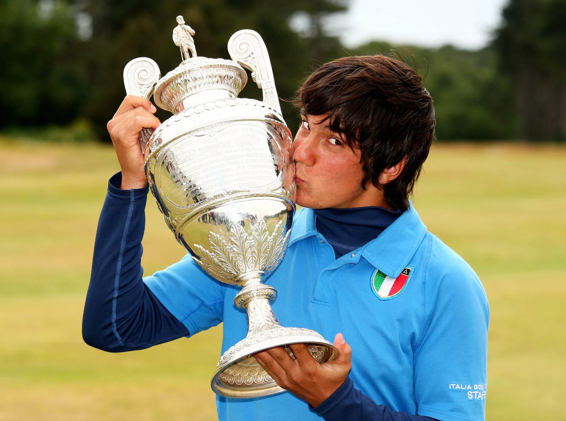 Matteo Manassero of Italy poses with the trophy after his 4&3 win during The Amateur Championship Final between Matteo Manassero and Sam Hutsby at Formby Golf Club on June 20, 2009.
