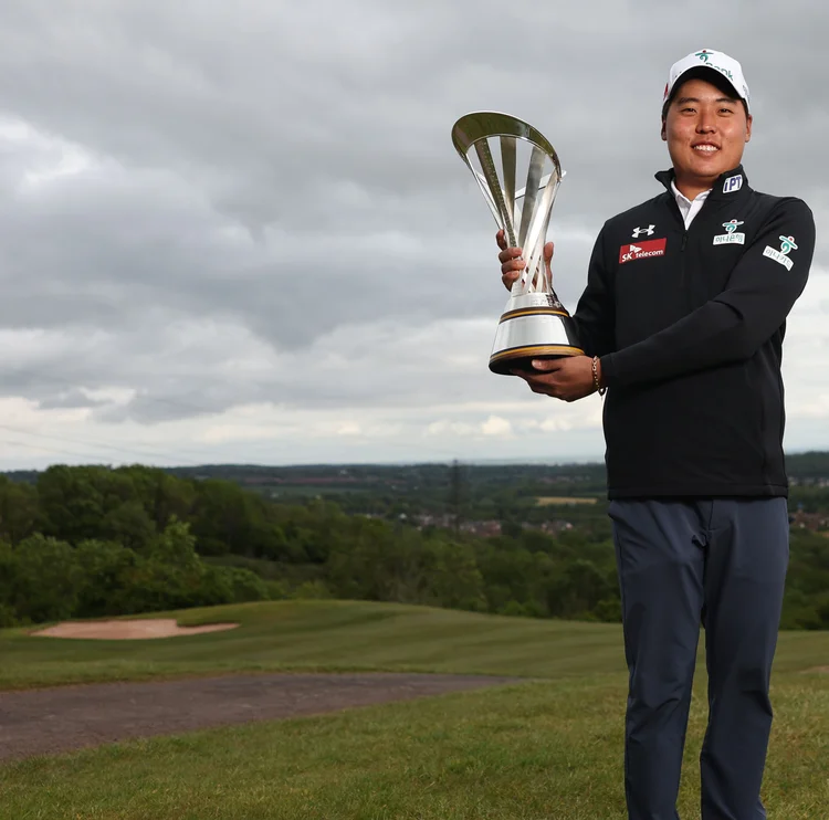 Simon Seungmin Lee celebrates with the G4D Open trophy at Celtic Manor.