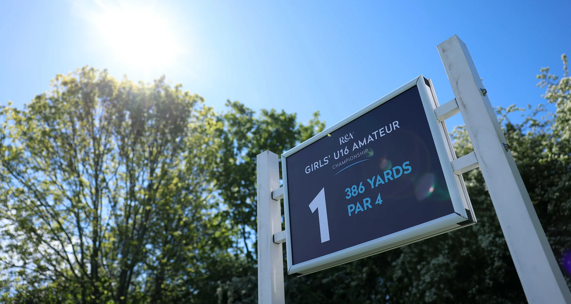 A view of first tee signage during Day One of the R&A Girls U16 Amateur Championship at Gog Magog Golf Club