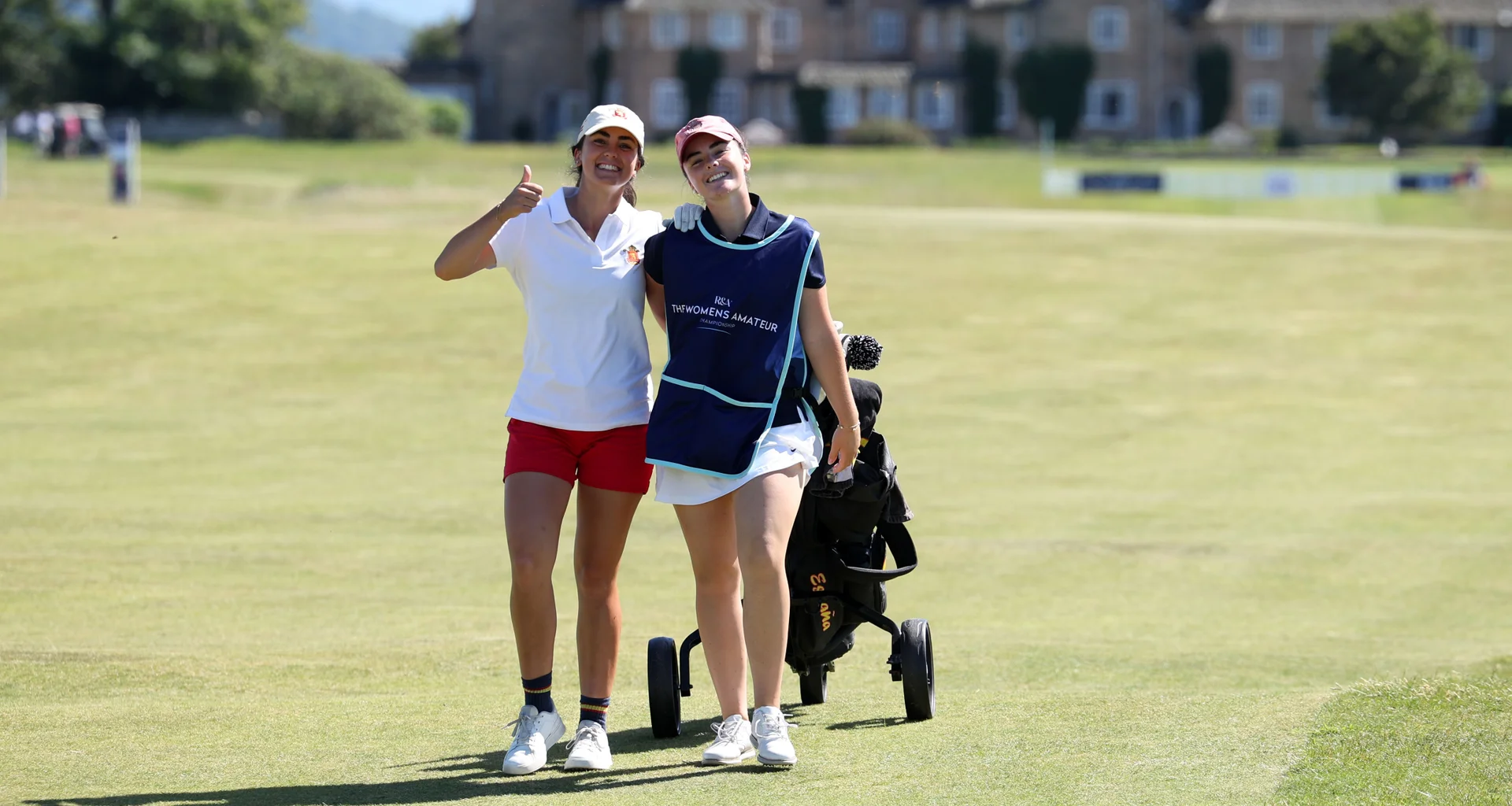 Andrea Revuelta of Spain poses with her caddie during Day Three of the 2026 Women's Amateur Championship at Muirfield.
