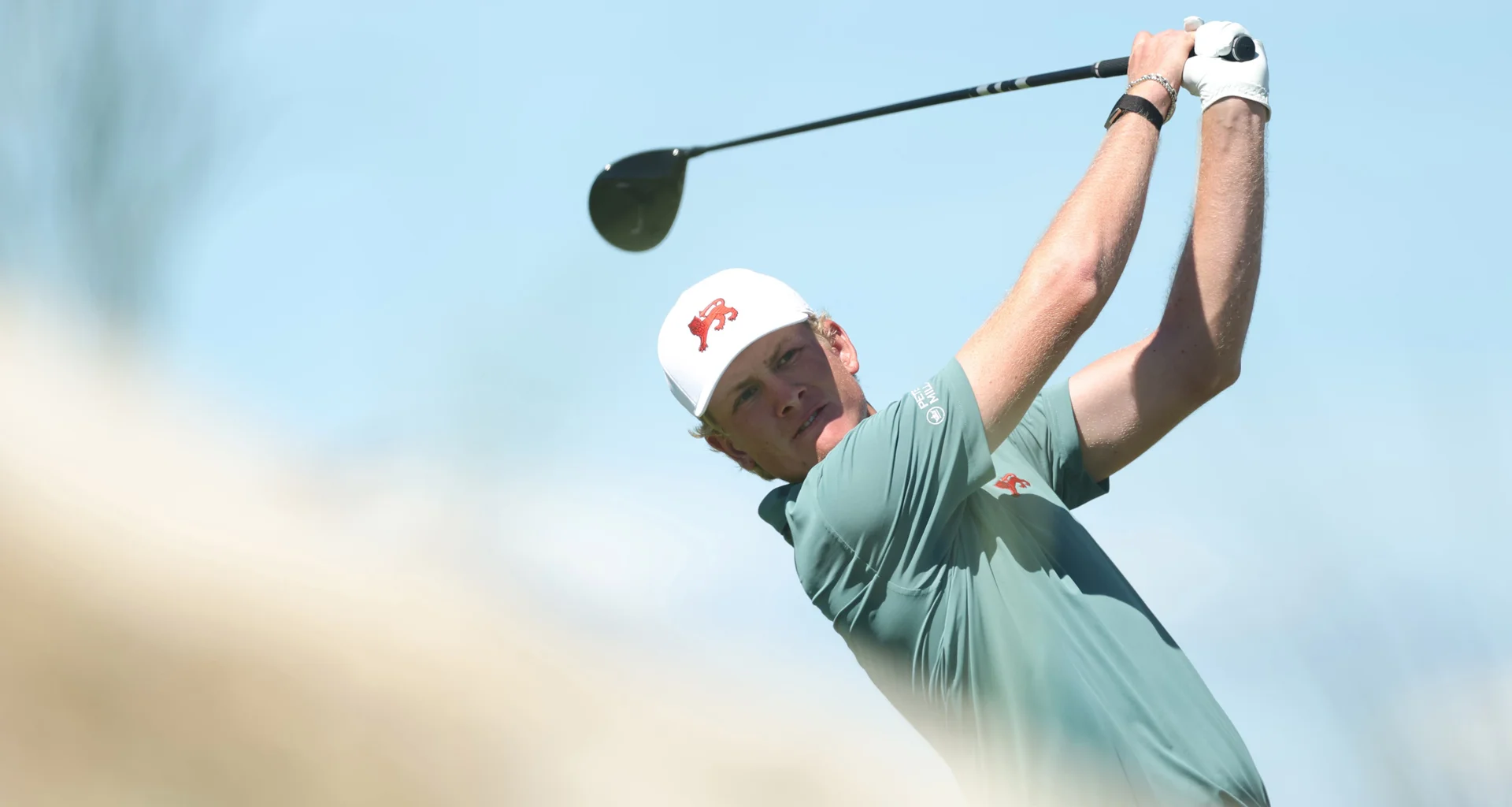 Luke Poulter of Team Great Britain and Ireland plays his shot from the second tee in Sunday Singles during Day Two of The 50th Walker Cup at Cypress Point Club