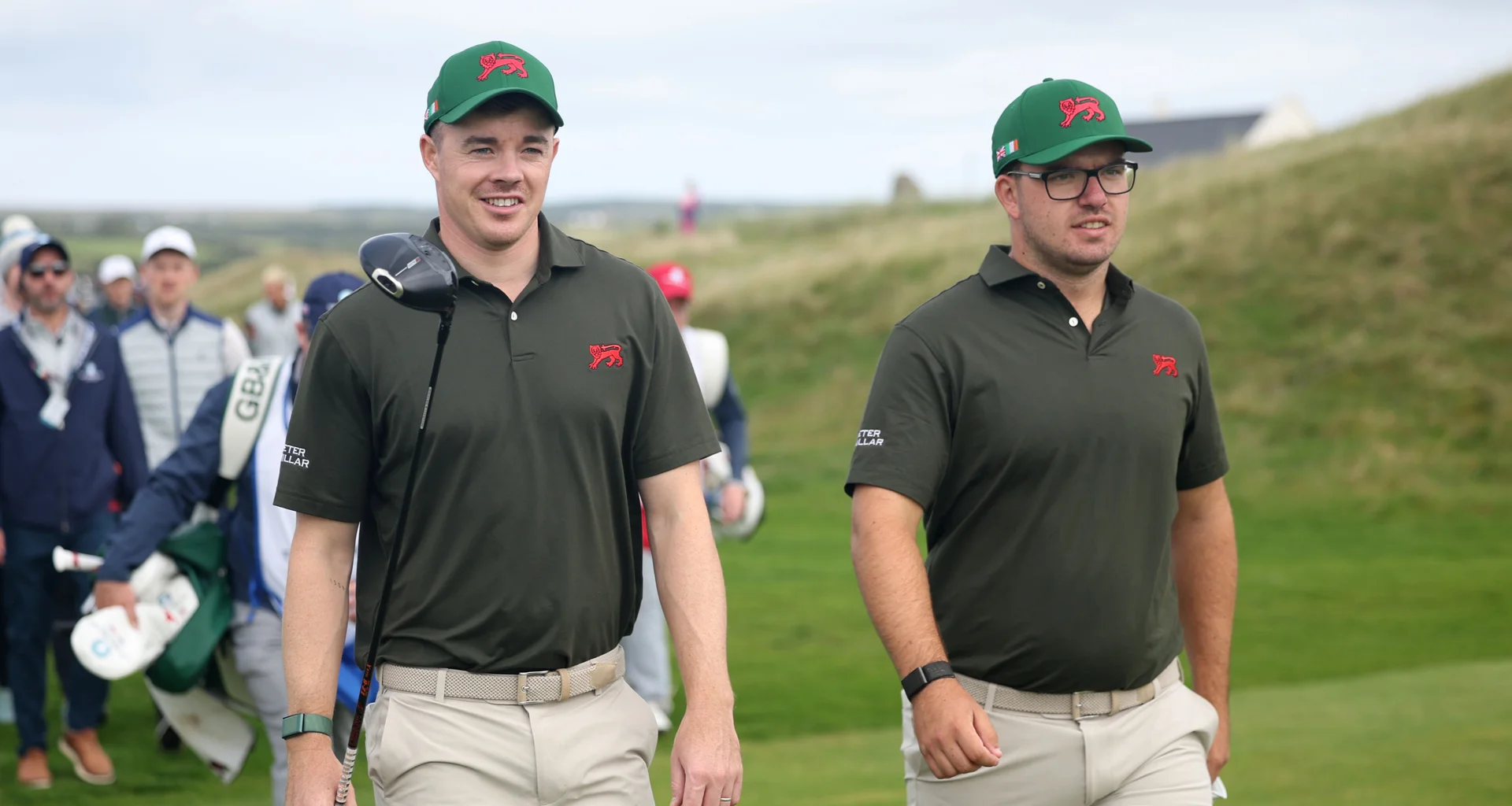 Stuart Grehan of Great Britain & Ireland  and Eliot Baker of Great Britain & Ireland walk together during the Saturday Foursomes on Day One of the Walker Cup at Lahinch.