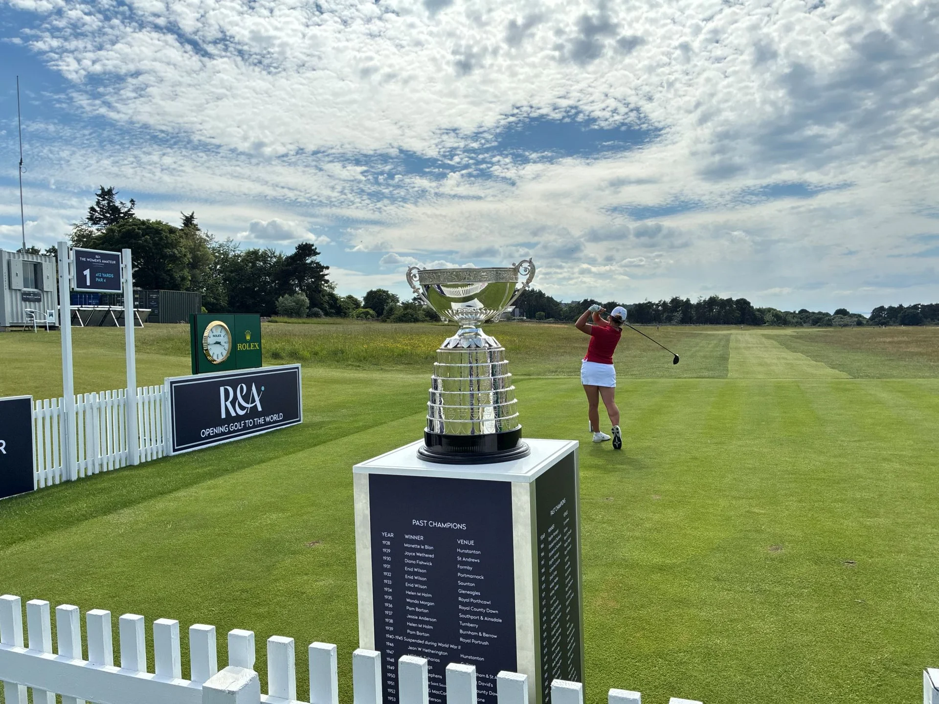 Matilde Santilli of England tees off as part of the final strokeplay group at The Women's Amateur Championship 2026.