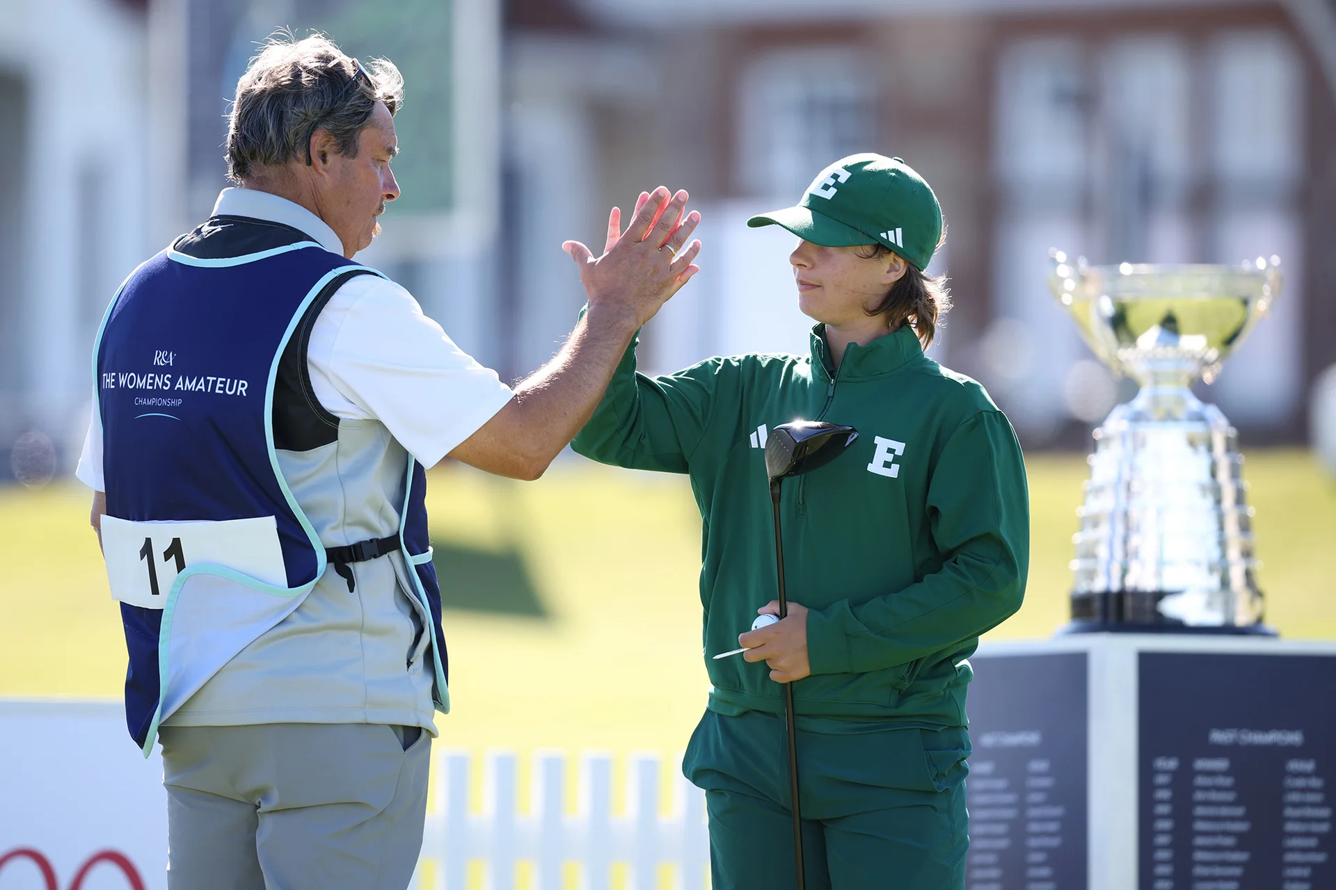 Savannah De Bock of Belgium reacts with her caddie during Day Three of the 2026 Women's Amateur Championship.