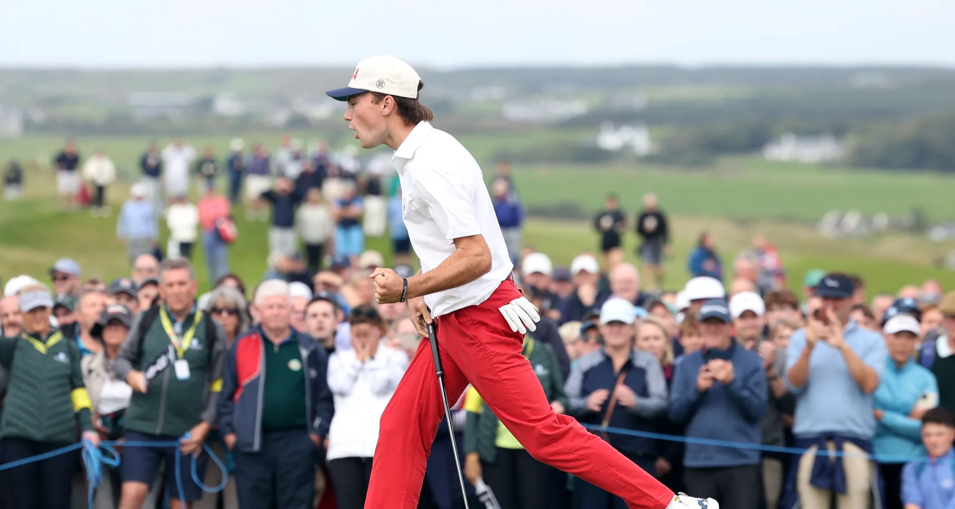 Tyler Watts of the United States reacts during the Saturday Foursomes on Day One of the Walker Cup at Lahinch.