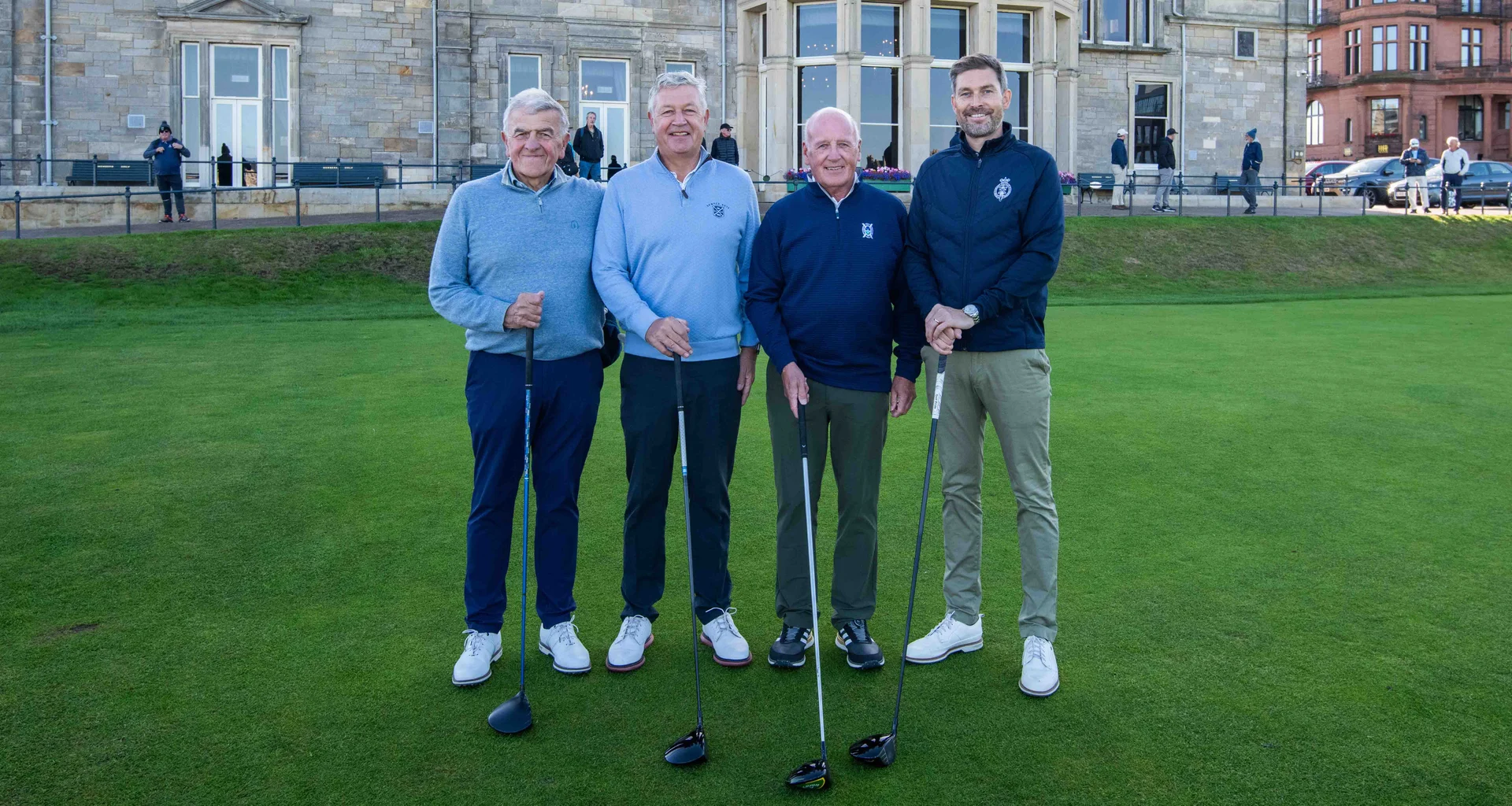 On the 1st tee of the Old Course ahead of the 2025 Town Match: Ian Pattinson, Captain of The Royal and Ancient Golf Club of St Andrews; Stewart Kennedy, Captain of The New Golf Club; Tom Gallacher, Captain of The St Andrews Golf Club; and Mark Darbon, Secretary of The Royal and Ancient Golf Club of St Andrews and Chief Executive of The R&A.